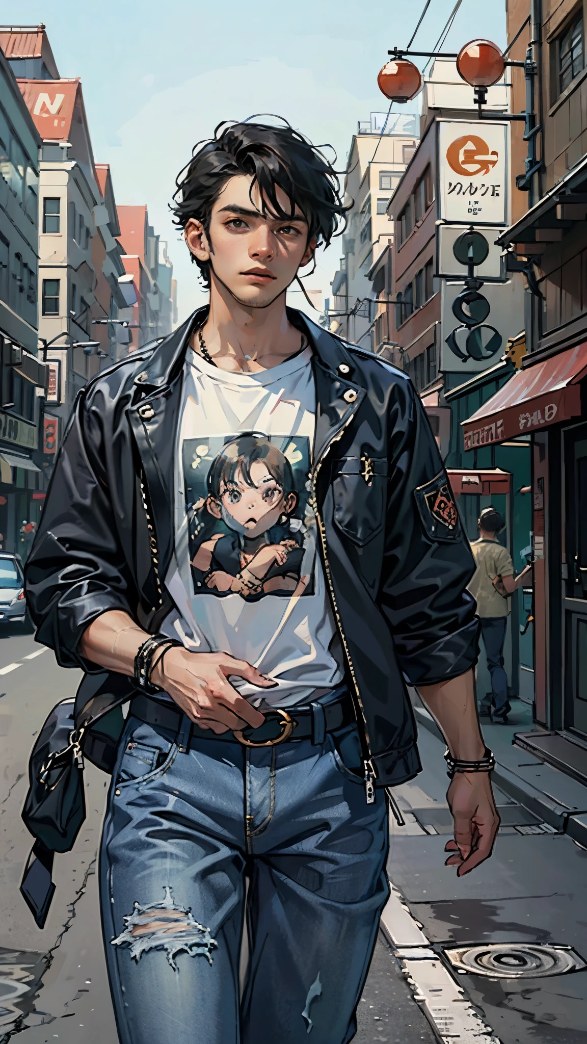 Streets-Big City. 1 young man - Modern. masterpiece, Best quality (surrealism: 1.3), wonderful, quality, (masterpiece: 1.2), (realism: 1.2), (Best quality), (Skin details: 1.3), sunny day, 1 young man. Long Black Hair, young, Modern, Walking down the street. (Open T-shirt, Lean-pumped torso, thin, Strong Body, Muscular arms, Broad shoulders, Cool wide jeans belt, Belted arms, bracelet). ((Expressive eyes)), Brown eyes, Black Hair. modern clothes (surrealism: 1.3), wonderful, high quality. Hand-drawn realism.