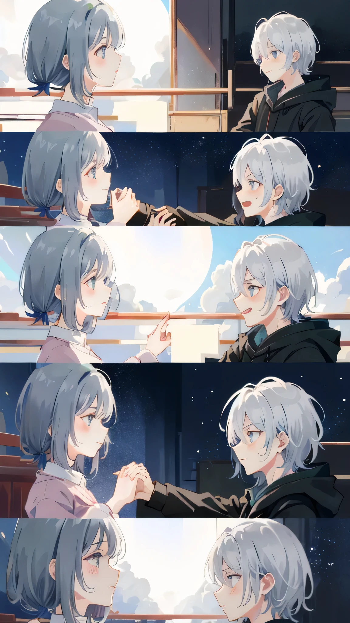 Anime, Highest Quality, Extreme Light and Shadow, Master Composition, Side View, 15 Years Old, (Boy: 1.1+ Girl), (Hand in Hand), (Laughs), Girl {White Hair: 1.3, Gray Eyes}, Boy {Brunet: 1.2, Black Eyes, Messy Hair: 1.1, Unruly, Arrogant: 0.9}, Beautiful Sky, (Shadow Enhancement: 1.1)