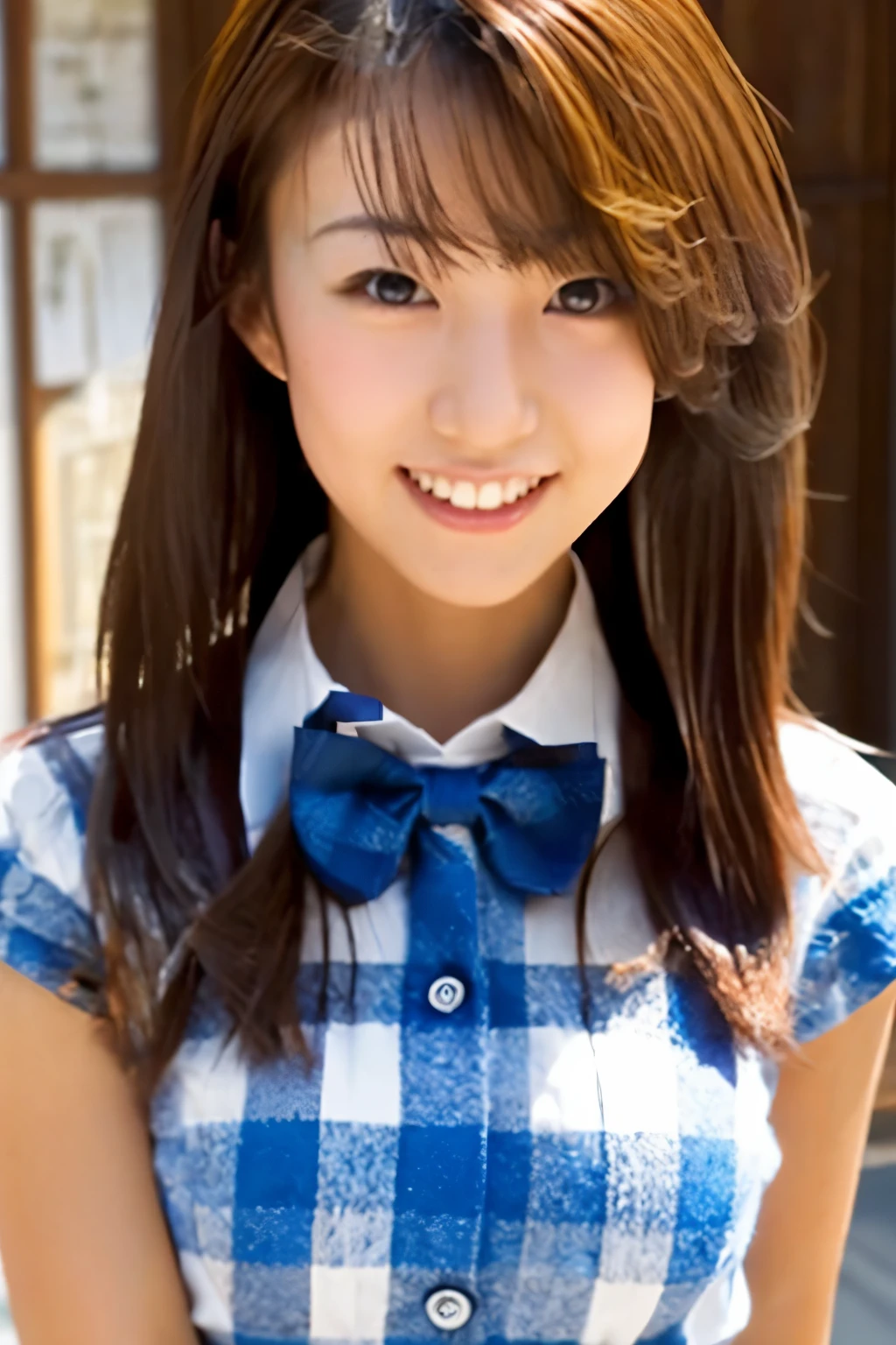 masterpiece, close up of face, front-facing view, a Japanese young pretty woman, ************, (Bouncing cheerfully), Gorgeous figure, Wearing a short-sleeved white collared shirt and a shiny red satin plain bow tie, Wearing a blue tartan plaid skirt, absolutely pretty face, shiny lips, Double eyelids in both eyes, Natural makeup,  long eyeslashes, shiny smooth light brown hair of medium length, asymmetrical bangs, Alone in the classroom, Headframe, image in center, 8K resolution, high detail, detailed hairstyle, A detailed face, spectacular movie lighting, Ultra-realistic, Perfect limbs, full body Esbian