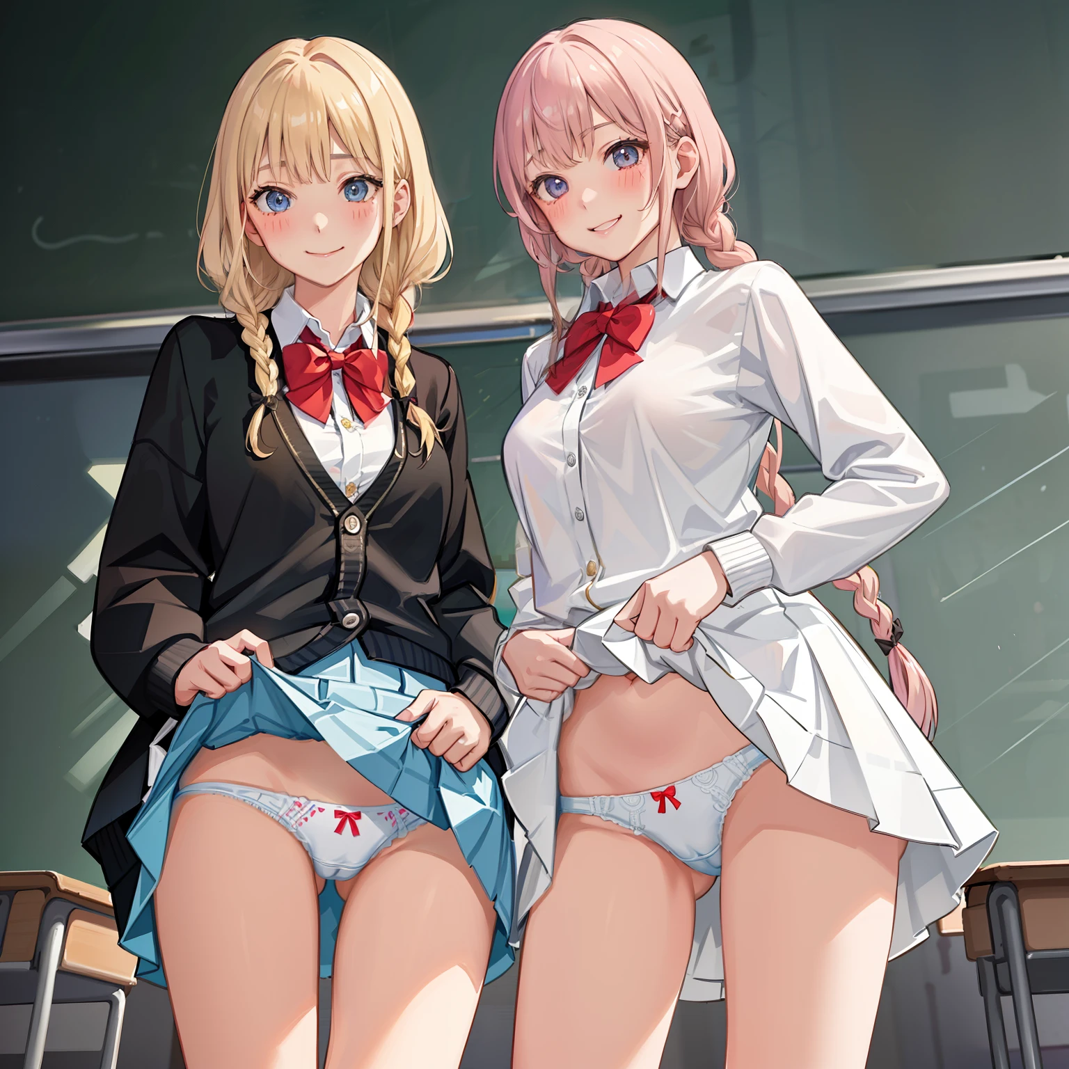 ((2 girls))、(smile:1.5)、Small breasts、(Cowboy Shot)、(fun!!)、(cardigan)、(Blonde)、(blush:1.4)、、(single braid)、(Eye highlights:1.3)、blake black shoes,(黒いskirt)、bow, button, shirt with collar, Long sleeve, ((red bow tie, , Black jacket, Open jacket, 茶色のcardigan, white shirt, 黒のskirt, チェック柄のskirt、white socks)),, shirt,, skirt, socks, Thighs, white shirt, Rest indoors, ((classroom:1.5))、 BREAK while watching the audience、(skirtを掴む:1.0)、 (Perfect hands, Perfect Anatomy),Cowboy Shot、(skirt lift:1.3),(Highly detailed panties:1.3)、(Highly detailed white panties:1.3)、、(skirt that rolls up:1.3)、(Full-fledged panties:1.5)、Light blue eyes、