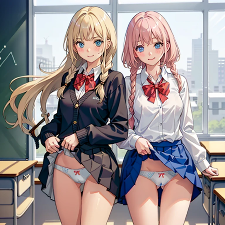 ((2 girls))、(smile:1.mall breawboy Shot)、(fun!!)、(cardigan)、(Blonde)、(blush:1.4)、、(single)、(Eye highlights:1.3)、blake black shoes,(黒いskirt)、bow, button, shirt witllar, Long sleeve, ((red bow tie, , Black jacket, Open jacket, 茶色のcardigan, white shirt, 黒のskirt, チェック柄のskirt、white socks)),, shirt,, skirt, socks, Thighs, white shirt, Rest indoors, ((classroom:1.5))、 BREAK while watching the audience、(skirtを掴む:1.0)、 (Perfect hands, Perfect Anatomy),Cowboy Shot、(skirt lift:1.3),(Highly detailed panties:1.3)、(Highly d white panties:1.3)、、(skirt that ro1.3)、(Fulled panties:1.5)、Light blue eyes、