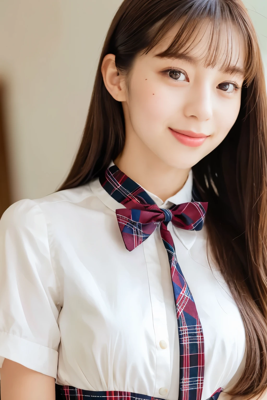 masterpiece, close up of face, front-facing view, a Japanese young pretty woman, 17 years old, (Bouncing cheerfully), Gorgeous figure, Wearing a short-sleeved white collared shirt and a shiny red satin plain bow tie, Wearing a blue tartan plaid skirt, absolutely pretty face, shiny lips, Double eyelids in both eyes, Natural makeup,  long eyeslashes, shiny smooth light brown hair of medium length, asymmetrical bangs, Alone in the classroom, Headframe, image in center, 8K resolution, high detail, detailed hairstyle, A detailed face, spectacular movie lighting, Ultra-realistic, Perfect limbs, full body Esbian