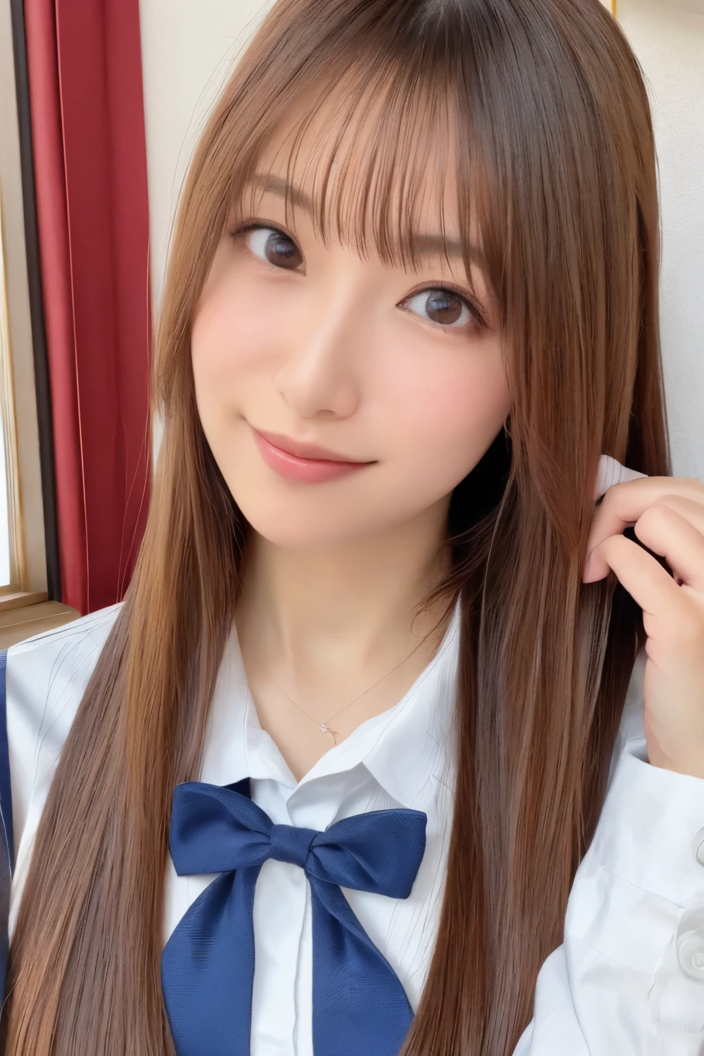 masterpiece, close up of face, front-facing view, a Japanese young pretty woman, , (Bouncing cheerfully), Gorgeous figure, Wearing a short-sleeved white collared shirt and a shiny red satin plain bow tie, Wearing a blue tartan plaid skirt, absolutely pretty face, shiny lips, Double eyelids in both eyes, Natural makeup, long eyeslashes, shiny smooth light brown hair of medium length, asymmetrical bangs, Alone in the classroom, Headframe, image in center, 8K resolution, high detail, detailed hairstyle, A detailed face, spectacular movie lighting, Ultra-realistic, Perfect limbs, full body Esbian