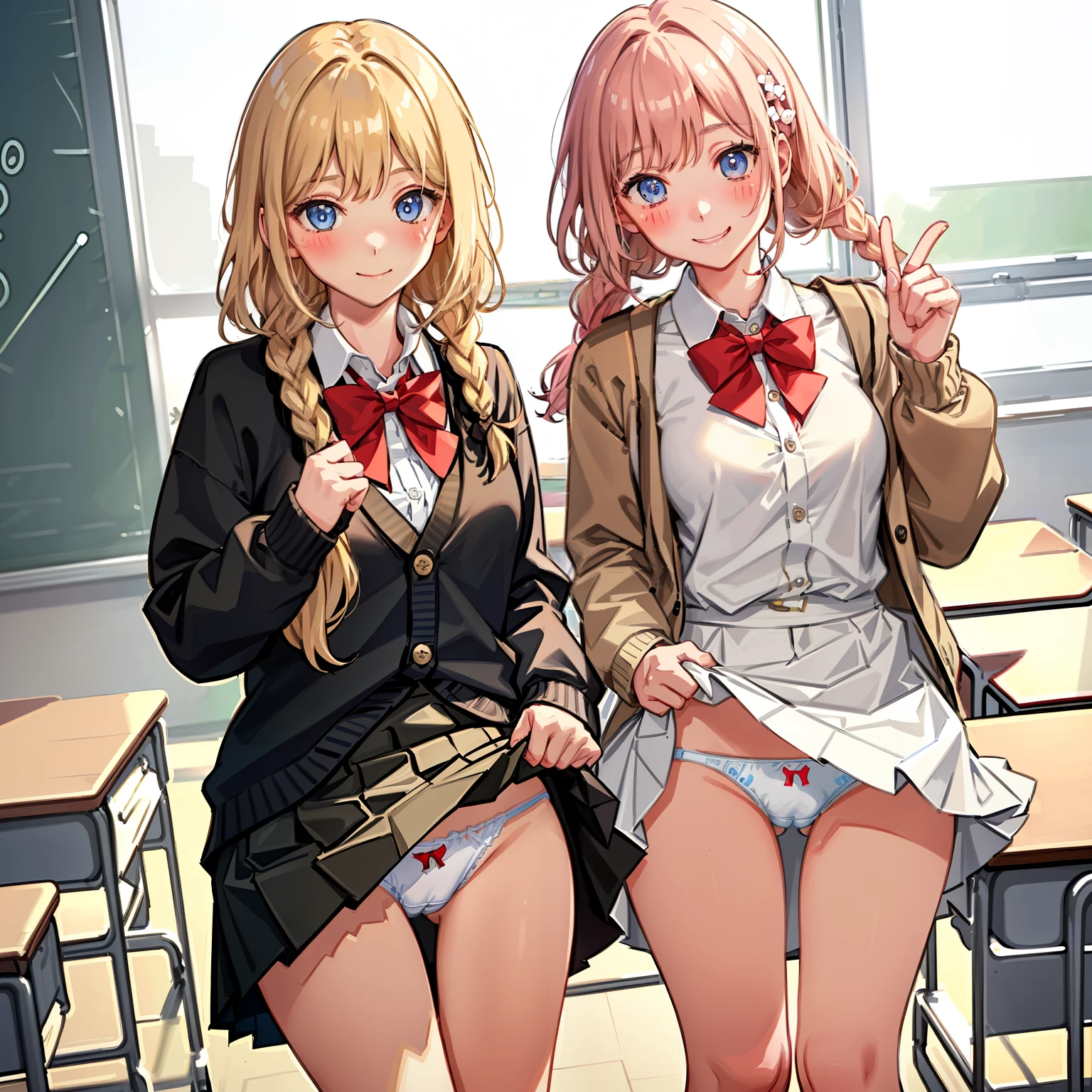 ((2 girls))、(smile:1.5)、Small breasts、(Cowboy Shot)、(fun!!)、(cardigan)、(Blonde)、(blush:1.4)、、(single braid)、(Eye highlights:1.3)、blake black shoes,(黒いskirt)、bow, button, shirt with collar, Long sleeve, ((red bow tie, , Black jacket, Open jacket, 茶色のcardigan, white shirt, 黒のskirt, チェック柄のskirt、white socks)),, shirt,, skirt, socks, Thighs, white shirt, Rest indoors, ((classroom:1.5))、 BREAK while watching the audience、(skirtを掴む:1.0)、 (Perfect hands, Perfect Anatomy),Cowboy Shot、(skirt lift:1.3),(Highly detailed panties:1.3)、(Highly detailed white panties:1.3)、、(skirt that rolls up:1.3)、(Full-fledged panties:1.5)、Light blue eyes、