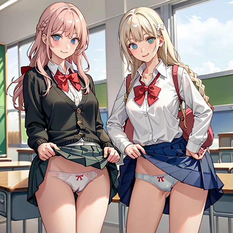 ((2 girls))、(smile:1.5)、Small breasts、(Cowboy Shot)、(fun!!)、(cardigan)、(Blonde)、(blush:1.4)、、(single braid)、(Eye highlights:1.3)、blake black shoes,(黒いskirt)、bow, button, shirt with collar, Long sleeve, ((red bow tie, , Black jacket, Open jacket, 茶色のcardigan, white shirt, 黒のskirt, チェック柄のskirt、white socks)),, shirt,, skirt, socks, Thighs, white shirt, Rest indoors, ((classroom:1.5))、 BREAK while watching the audience、(skirtを掴む:1.0)、 (Perfect hands, Perfect Anatomy),Cowboy Shot、(skirt lift:1.3),(Highly detailed panties:1.3)、(Highly detailed white panties:1.3)、、(skirt that rolls up:1.3)、(Full-fledged panties:1.5)、Light blue eyes、