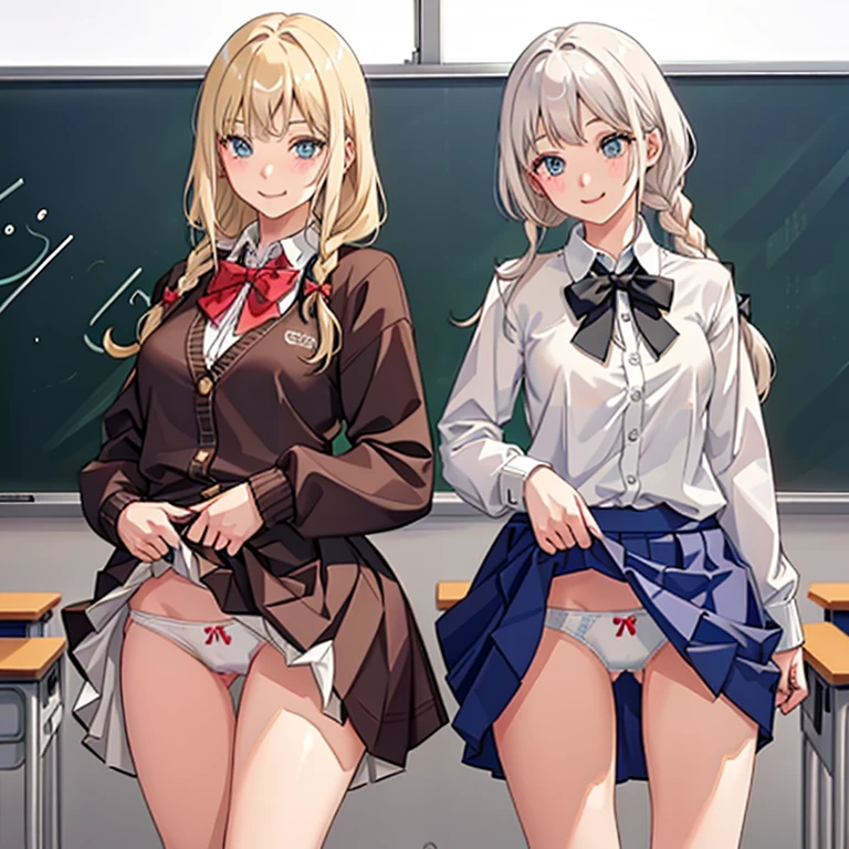 ((2 girls))、(smile:1.5)、Small breasts、(Cowboy Shot)、(fun!!)、(cardigan)、(Blonde)、(blush:1.4)、、(single braid)、(Eye highlights:1.3)、blake black shoes,(黒いskirt)、bow, button, shirt with collar, Long sleeve, ((red bow tie, , Black jacket, Open jacket, 茶色のcardigan, white shirt, 黒のskirt, チェック柄のskirt、white socks)),, shirt,, skirt, socks, Thighs, white shirt, Rest indoors, ((classroom:1.5))、 BREAK while watching the audience、(skirtを掴む:1.0)、 (Perfect hands, Perfect Anatomy),Cowboy Shot、(skirt lift:1.3),(Highly detailed panties:1.3)、(Highly detailed white panties:1.3)、、(skirt that rolls up:1.3)、(Full-fledged panties:1.5)、Light blue eyes、