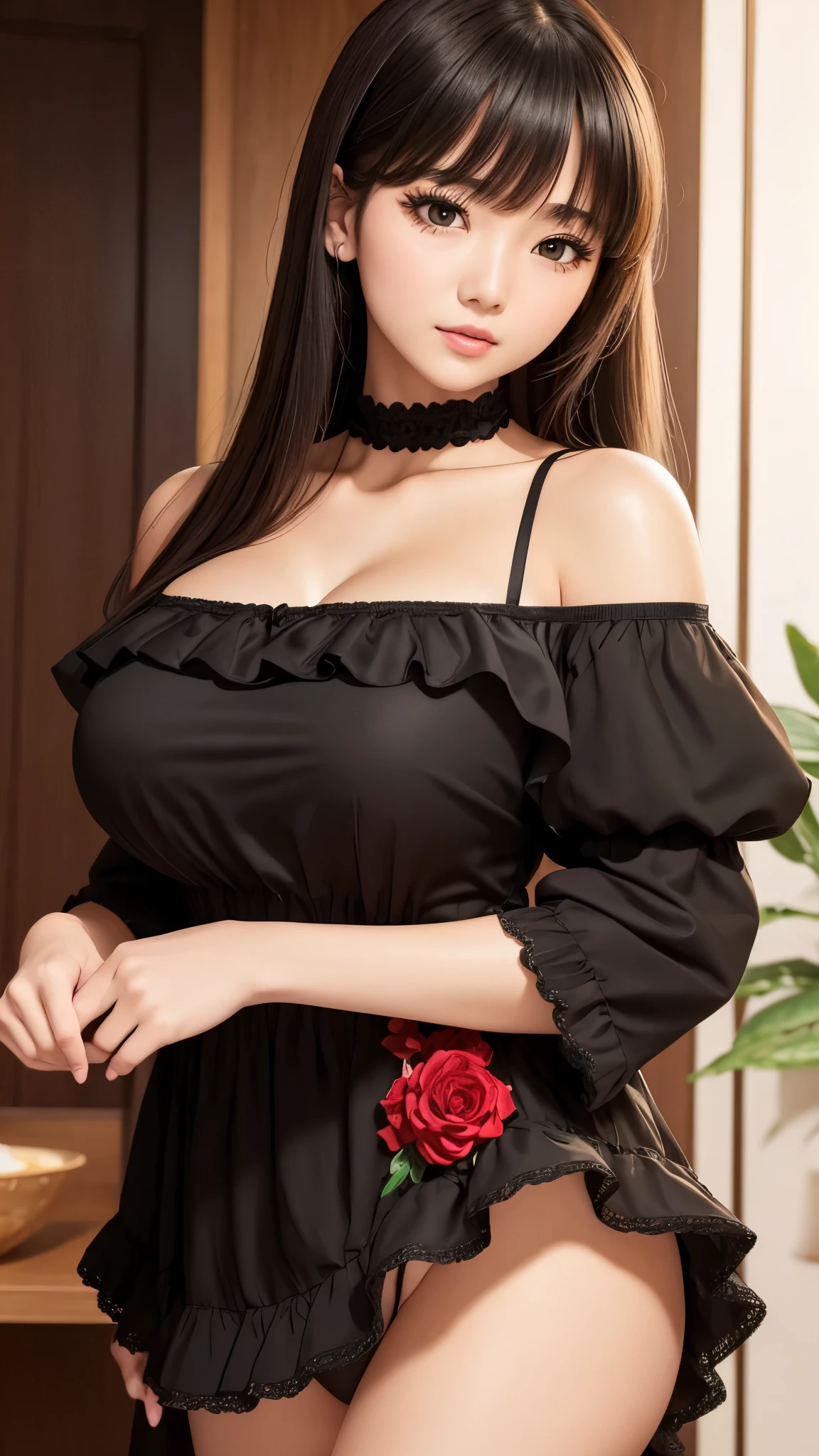 ((Detailed face)), ((highlight)), (breast enhancement), Asian、young woman、Big breasts、bangs、black髪、Off the shoulder、Frill dress、black、red、white、