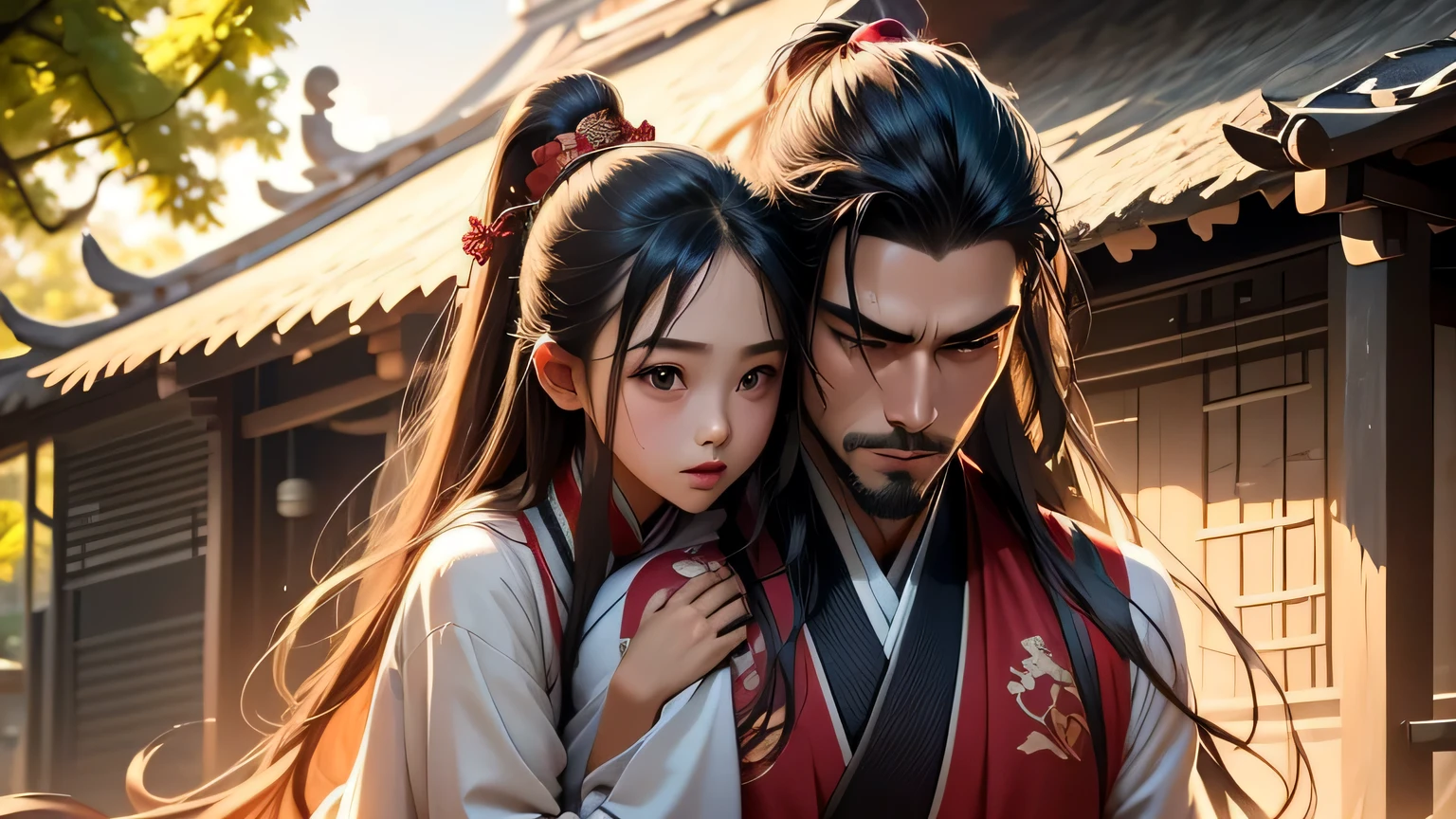 Next to a thatched house，father and daughter，say，Hanfu，touching heads，Long hair，Tall handsome young man，3--old l