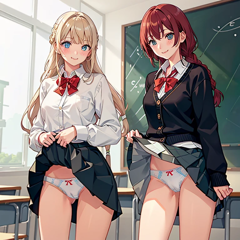 ((2 girls))、(smile:1.5)、Small breasts、(Cowboy Shot)、(fun!!)、(cardigan)、(Blonde)、(blush:1.4)、、(single braid)、(Eye highlights:1.3)、blake black shoes,(黒いskirt)、bow, button, shirt with collar, Long sleeve, ((red bow tie, , Black jacket, Open jacket, 茶色のcardigan, white shirt, 黒のskirt, チェック柄のskirt、white socks)),, shirt,, skirt, socks, Thighs, white shirt, Rest indoors, ((classroom:1.5))、 BREAK while watching the audience、(skirtを掴む:1.0)、 (Perfect hands, Perfect Anatomy),Cowboy Shot、(skirt lift:1.3),(Highly detailed panties:1.3)、(Highly detailed white panties:1.3)、、(skirt that rolls up:1.3)、(Full-fledged panties:1.5)、Light blue eyes、