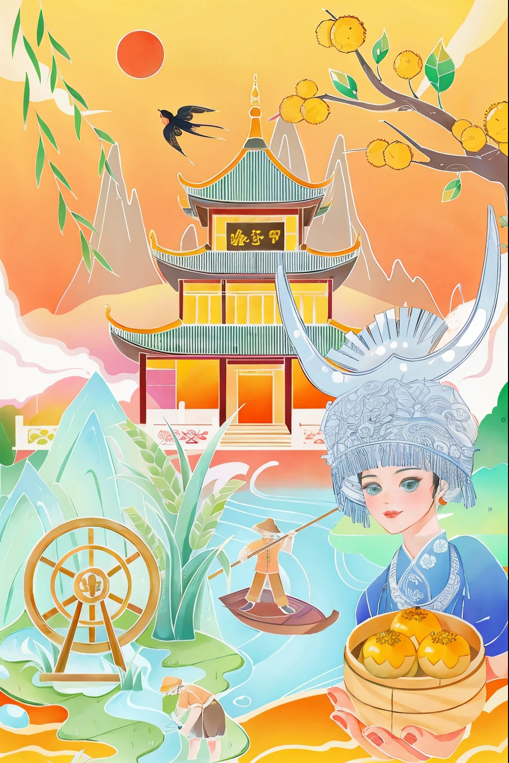 There is a cartoon,A woman holding a basket of oranges, Dreamy China, ancient Chinese Princess, inspired by Pan Tianshou, Chinese Fantasy, inspired by Jin Nong, Inspired by Tang Di, palace , girl wearing hanfu, asian dynasty princess, A beautiful artistic illustration, Inspired by Yang Buzhi, Chinese Princess, Chinese art style
