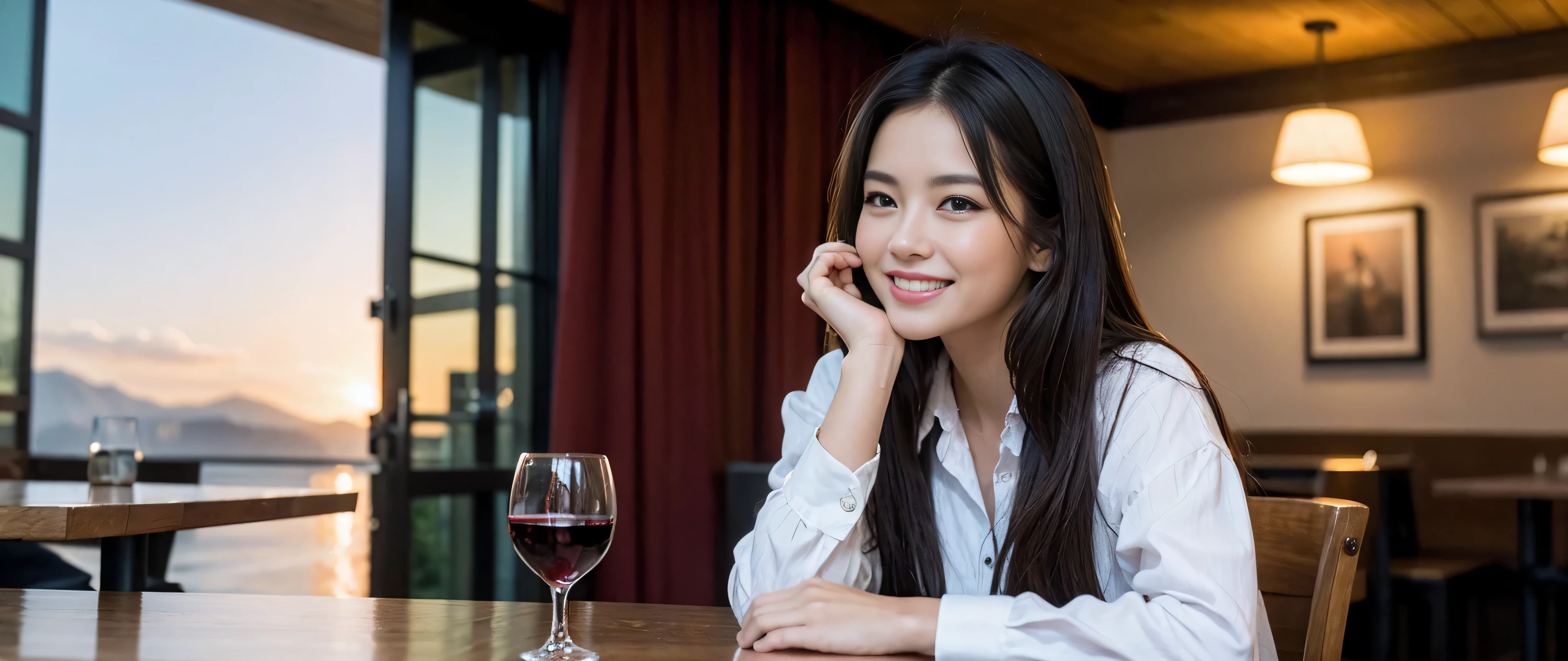 ((highest quality、8k、masterpiece:1.3))、Sharp focus:1.2、Beautiful woman perfect body:1.4、Slim body、((Bob Hale、Straight hair:1.2))、(to be born, highest quality, masterpiece:1.5), (Realistic, Intricate details:1.2), Ultra-high resolution, Spectacular view of the sunset sky and clouds、Amazing mountain views、A bright smile、A lovely woman with a smile、Bright image、2. Wine Beauties, Beautiful Face, blue eyes, The light shines on your face, Blushing, short hair,Bright face、Fox face、 (36 years old), 39 years old, Lady、red wine 、hors d'oeuvre、Italian food、wine bottle、Champagne、sparkling wine、two beauties、brown hair、Shortcuts、Long sleeve shirt、dress、Pretty Woman 1, (slim face), (The body is slim), (brown hair), (Shortcuts), cheeks turn a little red,charming beauty、, Out of the window, A beautiful and detailed night view unfolds.........., restaurant, In a prominent place (From the waist up) nova frog style, actress, model, Upper Body, White wine, slim, wine glass, wine glass placed in the middle, smile, (smile: 1.15), Beautiful fine grain, Depth f/2,saturation, High Contrast, Strong light and shadow,Moist Body:1.5、3D texture、Delicate eyes、brown hair、The hair is very shiny、