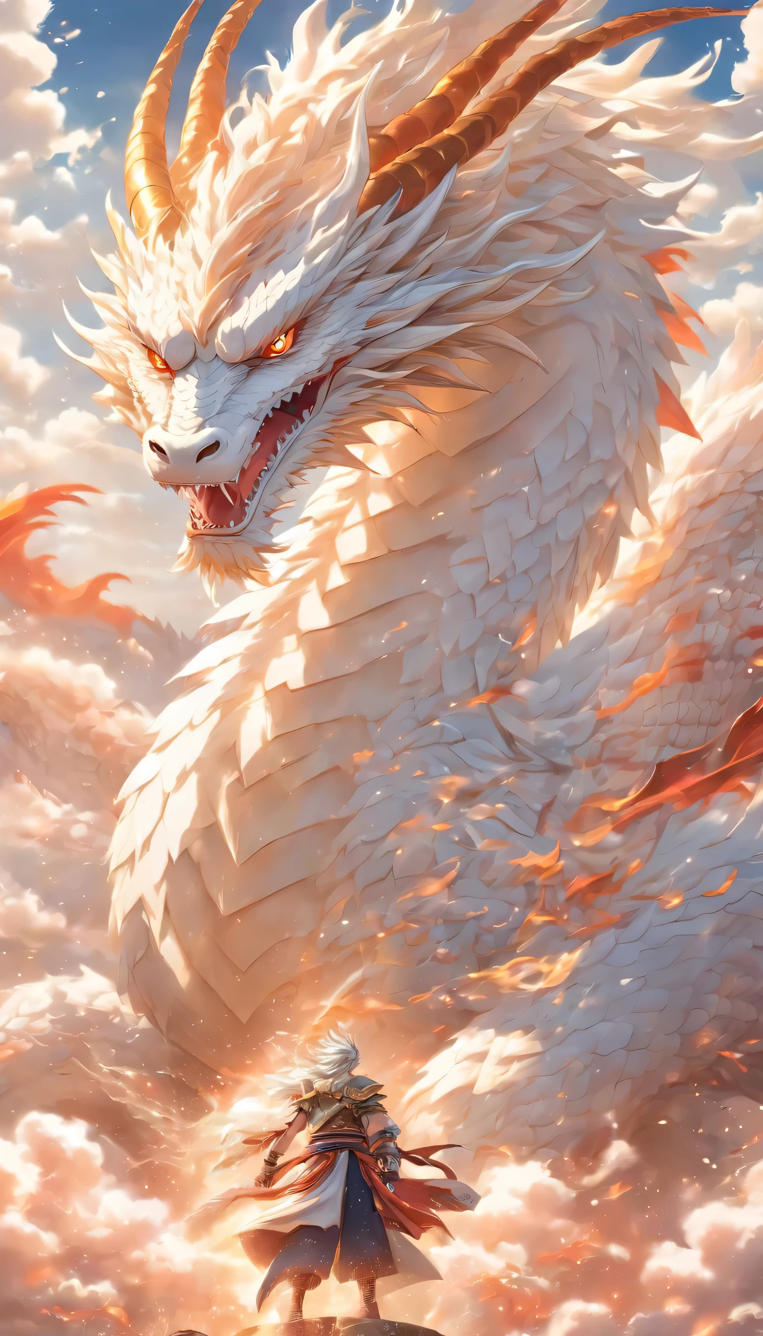(masterpiece), (best quality), Cinema quality，Rendered by Octane，extreme detailed details，Cloud dragon composed of white clouds，Huge white dragon，Elongated dragon body，Rotating body，Dragon Tail，dragon horn，Dragon Claw，