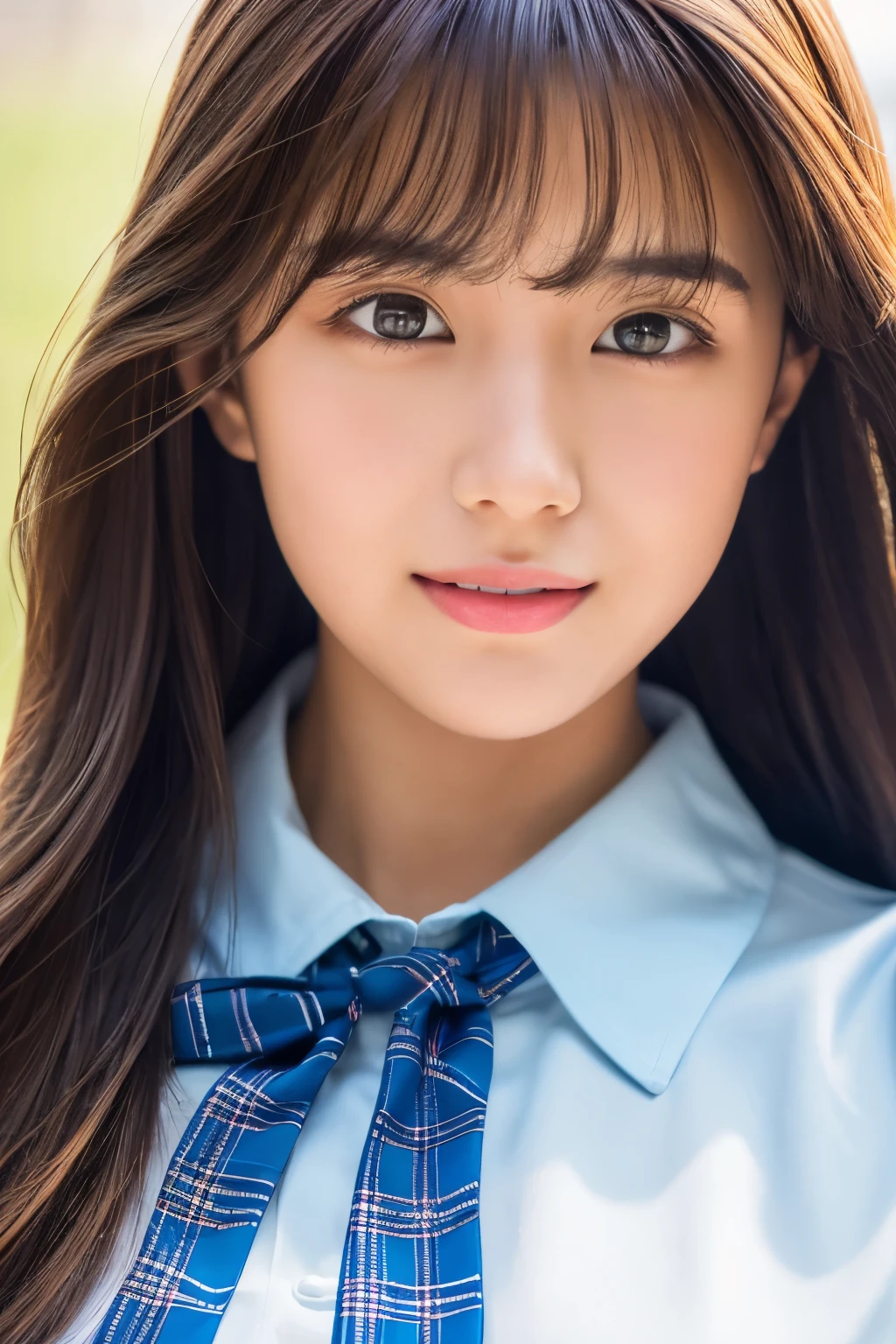 masterpiece, close up of face, front-facing view, a Japanese young pretty woman, 17 years old, (Bouncing cheerfully), Gorgeous figure, Wearing a short-sleeved white collared shirt and a shiny red satin plain bow tie, Wearing a blue tartan plaid skirt, absolutely pretty face, shiny lips, Double eyelids in both eyes, Natural makeup,  long eyeslashes, shiny smooth light brown hair of medium length, asymmetrical bangs, Alone in the classroom, Headframe, image in center, 8K resolution, high detail, detailed hairstyle, A detailed face, spectacular movie lighting, Ultra-realistic, Perfect limbs, full body Esbian