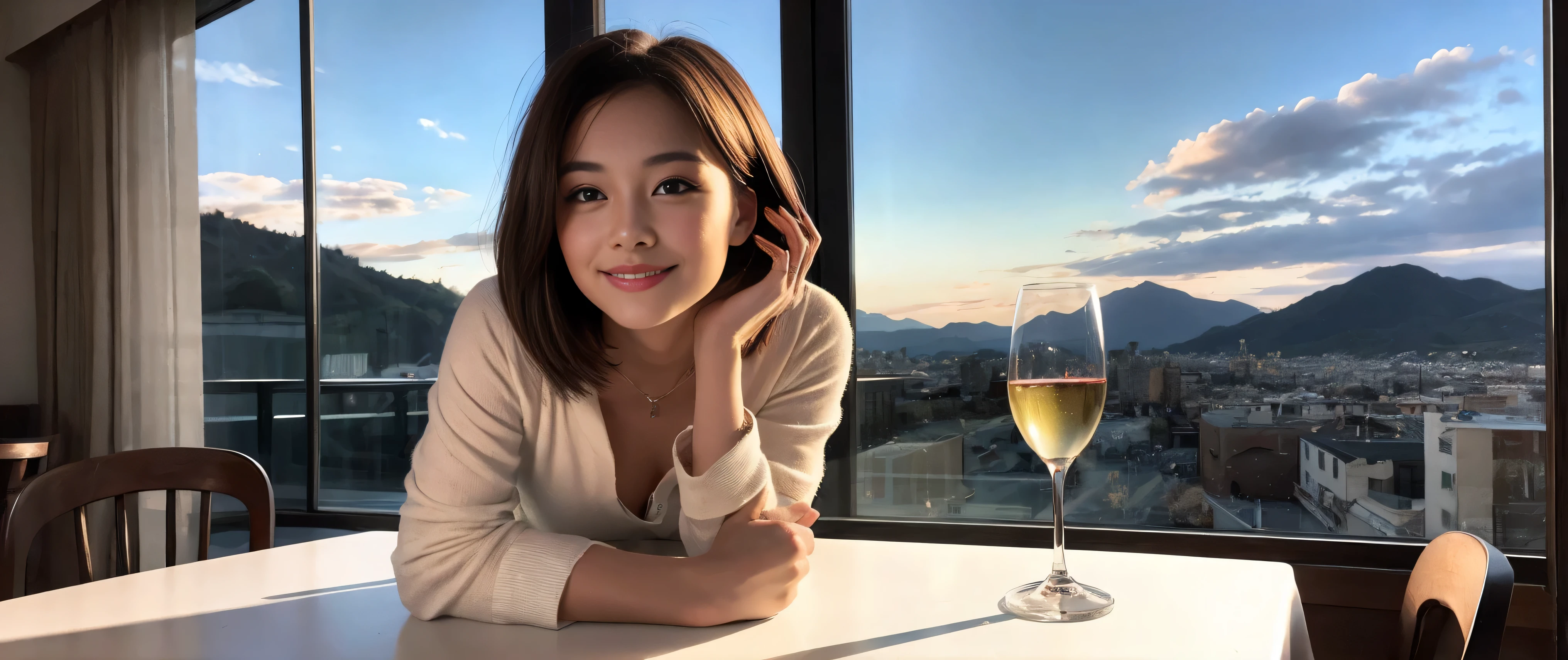 ((highest quality、8k、masterpiece:1.3))、Sharp focus:1.2、Beautiful woman perfect body:1.4、Slim body、((Bob Hale、Straight hair:1.2))、(to be born, highest quality, masterpiece:1.5), (Realistic, Intricate details:1.2), Ultra-high resolution, Spectacular view of the sunset sky and clouds、Amazing mountain views、A bright smile、A lovely woman with a smile、Bright image、2. Wine Beauties, Beautiful Face, blue eyes, The light shines on your face, Blushing, short hair,Bright face、Fox face、 (42 years old), 39 years old, Lady、red wine 、hors d'oeuvre、Italian food、wine bottle、Champagne、sparkling wine、two beauties、brown hair、Shortcuts、Long sleeve shirt、dress、Pretty Woman 1, (slim face), (The body is slim), (brown hair), (Shortcuts), cheeks turn a little red,charming beauty、, Out of the window, A beautiful and detailed night view unfolds.........., restaurant, In a prominent place (From the waist up) nova frog style, actress, model, Upper Body, White wine, slim, wine glass, wine glass placed in the middle, smile, (smile: 1.15), Beautiful fine grain, Depth f/2,saturation, High Contrast, Strong light and shadow,Moist Body:1.5、3D texture、Delicate eyes、brown hair、The hair is very shiny、