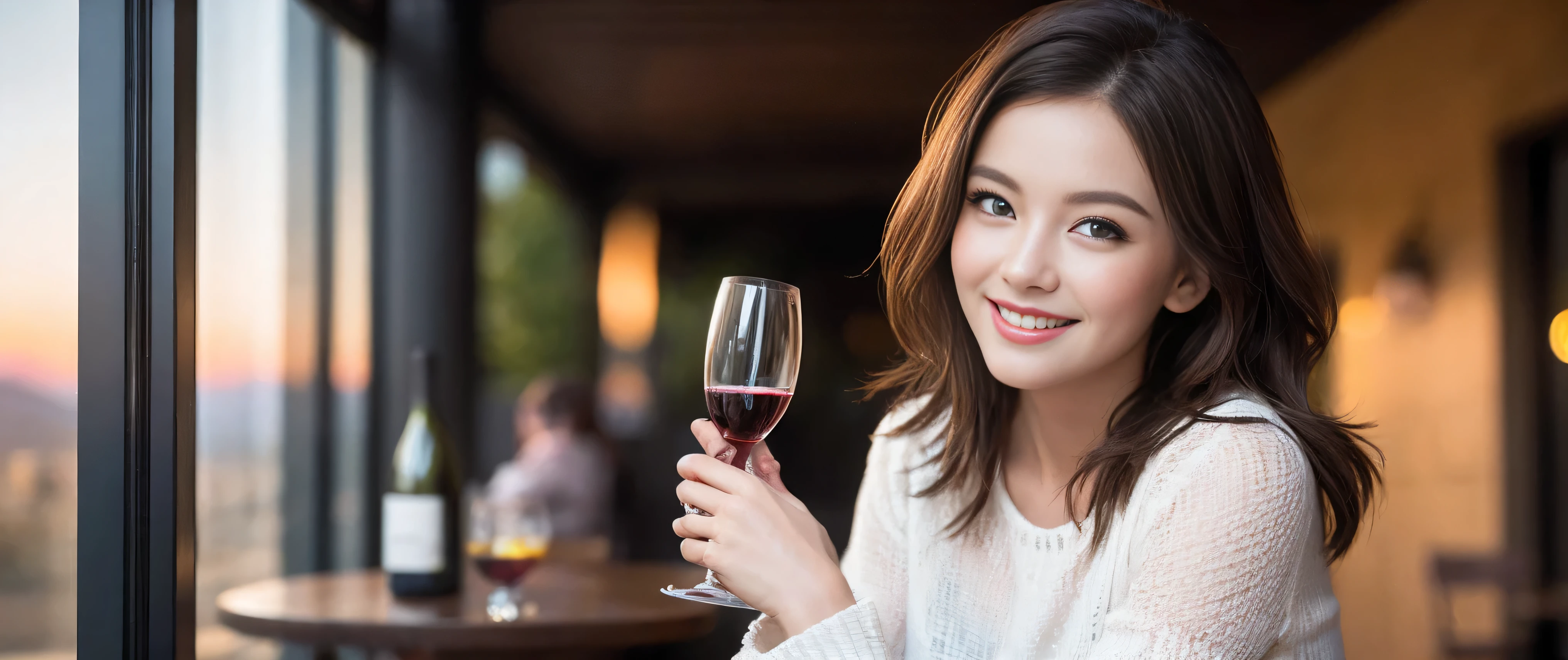 ((highest quality、8k、masterpiece:1.3))、Sharp focus:1.2、Beautiful woman perfect body:1.4、Slim body、((Bob Hale、Straight hair:1.2))、(to be born, highest quality, masterpiece:1.5), (Realistic, Intricate details:1.2), Ultra-high resolution, Spectacular view of the sunset sky and clouds、Amazing mountain views、A bright smile、A lovely woman with a smile、Bright image、2. Wine Beauties, Beautiful Face, blue eyes, The light shines on your face, Blushing, short hair,Bright face、Fox face、 (42 years old), 39 years old, Lady、red wine 、hors d'oeuvre、Italian food、wine bottle、Champagne、sparkling wine、two beauties、brown hair、Shortcuts、Long sleeve shirt、dress、Pretty Woman 1, (slim face), (The body is slim), (brown hair), (Shortcuts), cheeks turn a little red,charming beauty、, Out of the window, A beautiful and detailed night view unfolds.........., restaurant, In a prominent place (From the waist up) nova frog style, actress, model, Upper Body, White wine, slim, wine glass, wine glass placed in the middle, smile, (smile: 1.15), Beautiful fine grain, Depth f/2,saturation, High Contrast, Strong light and shadow,Moist Body:1.5、3D texture、Delicate eyes、brown hair、The hair is very shiny、