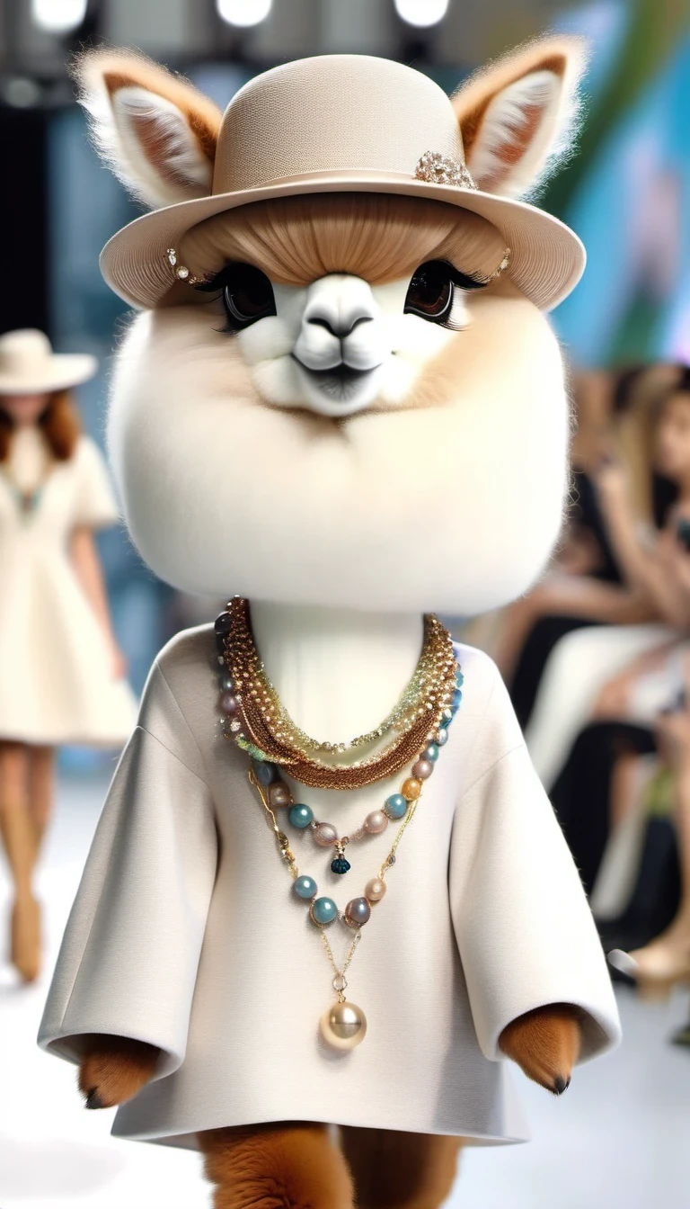 （Cute alpaca fashion show）， Alpaca is anthropomorphized with makeup，whole body，Fashion trends for summer 2024，Khaki，milky，Charming Alpaca，Enchanting Alpaca，Walking on a catwalk，Dynamic poses，Cool，Cute big eyes，necklace，hat，Fashion，Cartoon，in style of Cosplay fashion design , portrait，background：Fashion show catwalks