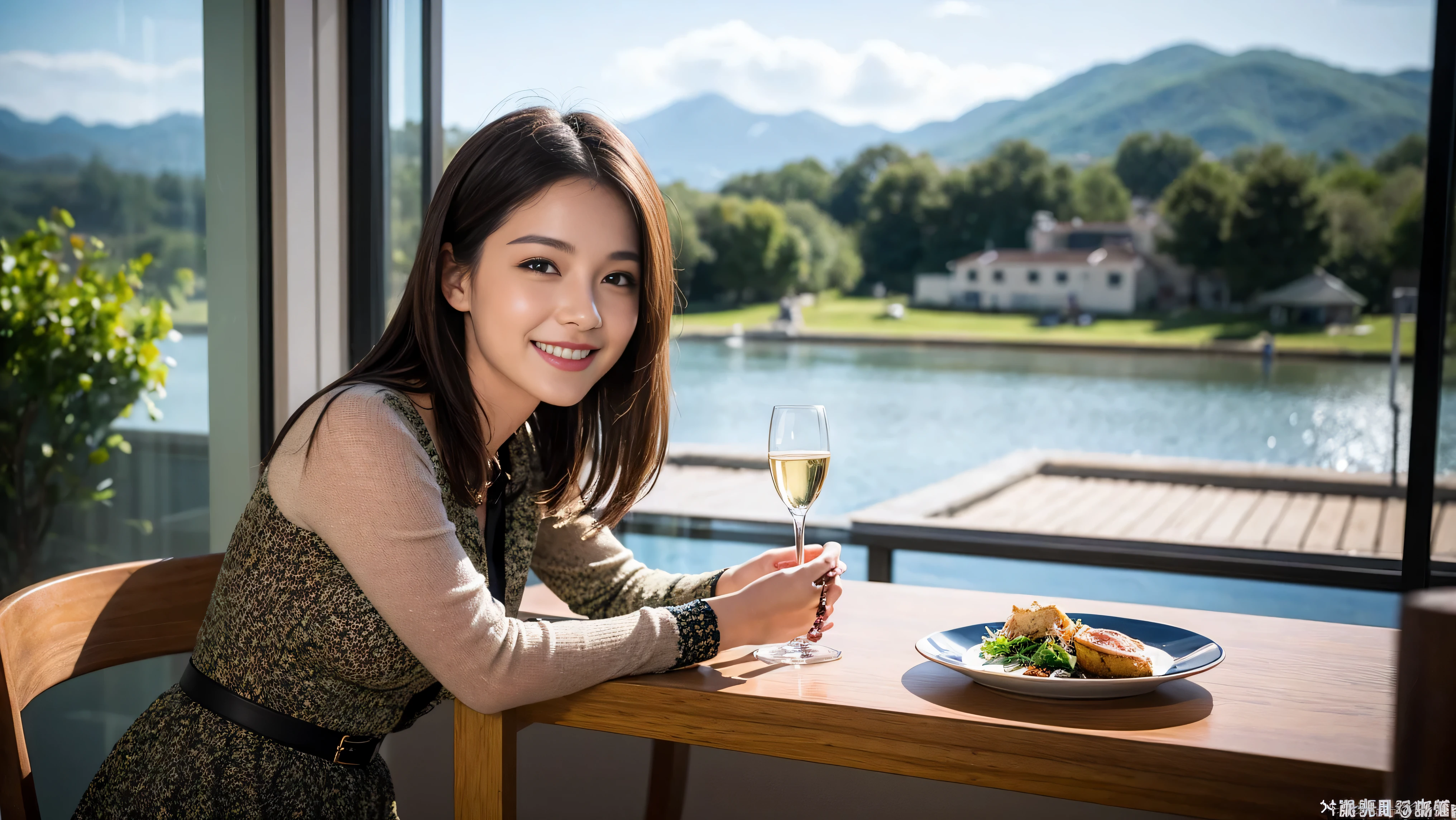 ((highest quality、8k、masterpiece:1.3))、Sharp focus:1.2、Beautiful woman perfect body:1.4、Slim body、((Bob Hale、Straight hair:1.2))、(to be born, highest quality, masterpiece:1.5), (Realistic, Intricate details:1.2), Ultra-high resolution, Spectacular view of the sunset sky and clouds、Amazing mountain views、A bright smile、A lovely woman with a smile、Bright image、2. Wine Beauties, Beautiful Face, blue eyes, The light shines on your face, Blushing, short hair,Bright face、Fox face、 (36 years old), 39 years old, Lady、red wine 、hors d'oeuvre、Italian food、wine bottle、Champagne、sparkling wine、two beauties、brown hair、Shortcuts、Long sleeve shirt、dress、Pretty Woman 1, (slim face), (The body is slim), (brown hair), (Shortcuts), cheeks turn a little red,charming beauty、, Out of the window, A beautiful and detailed night view unfolds.........., restaurant, In a prominent place (From the waist up) nova frog style, actress, model, Upper Body, White wine, slim, wine glass, wine glass placed in the middle, smile, (smile: 1.15), Beautiful fine grain, Depth f/2,saturation, High Contrast, Strong light and shadow,Moist Body:1.5、3D texture、Delicate eyes、brown hair、The hair is very shiny、