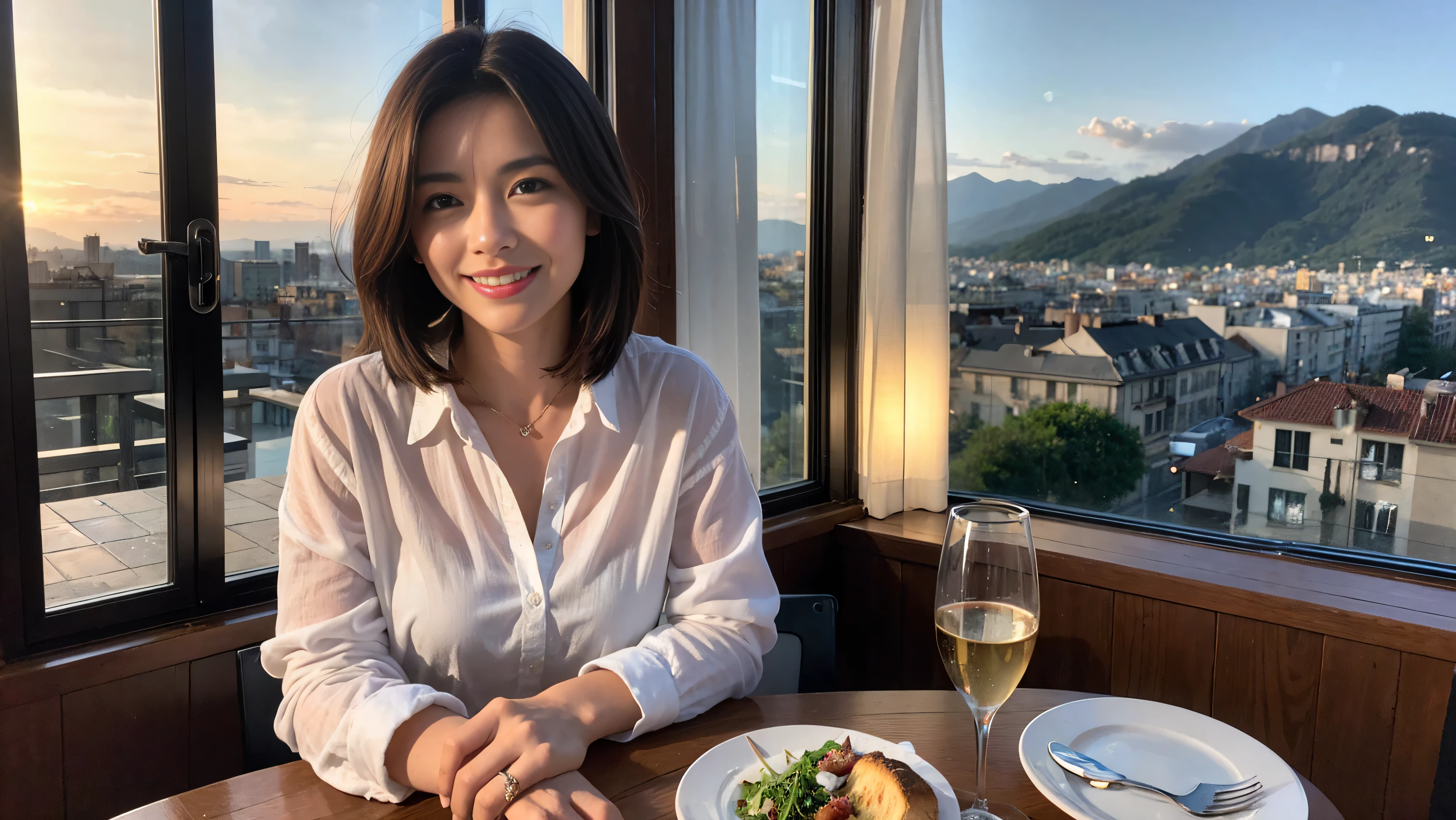 (Realistic:1.1),(masterpiece,Highest quality),8k,(56 years old), 53 years old, ベリーslimボディ、slimカップル、Tight waist,Upper Body,full-course dinner、wine 、Amazing view of the sunset sky and clouds、Perfect Anatomy, Brown Hair, short hair,Random Hairstyles,((Highly detailed face and eyes:1.2)),Perfect golden ratio face,Long sleeve shirt、dress,(smile:1.2)、Shortcuts、cute、(Realistic, Intricate details:1.2), A bright smile、short hair,Bright Face、赤wine 、Appetizers、Italian food、wine bottle、Champagne、スパークリングwine、(slimな顔), (The body is slim), (Brown Hair), (Shortcuts), Upper Body, 白wine, slim, wineグラス,