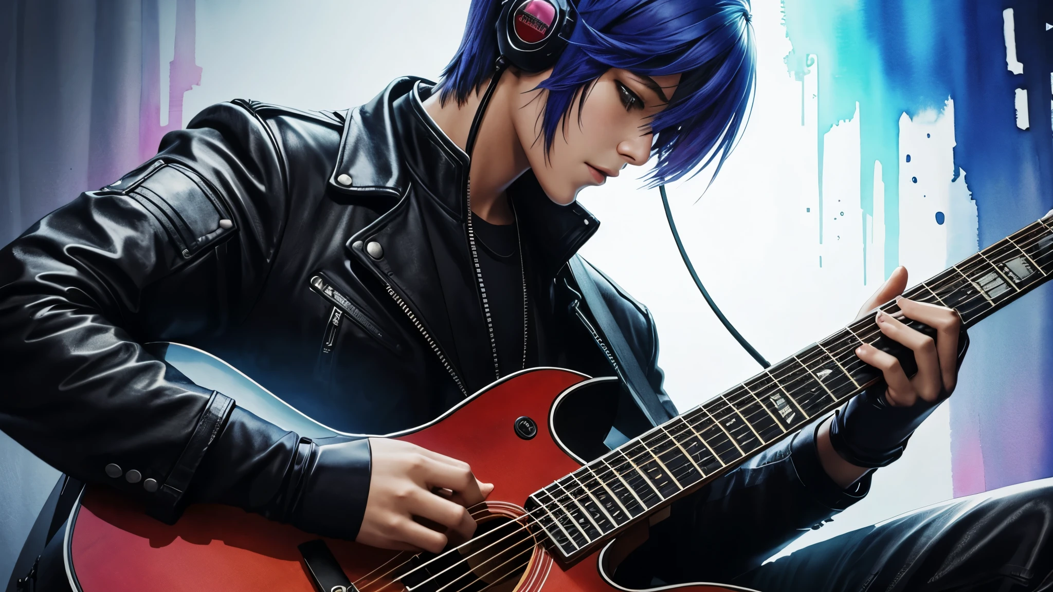 guitar,cyber punk,Very watercolor,