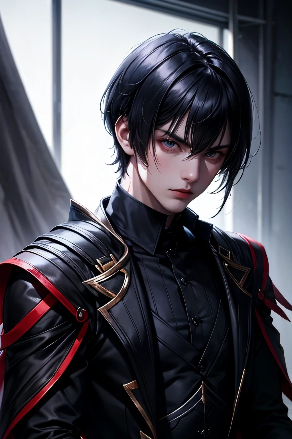 male assassin, cold stare, dark aura, mid thigh to upper body shot, black suit with gloves, clean cut hair, boy, whole body, clean cut hair, short hair, adult male