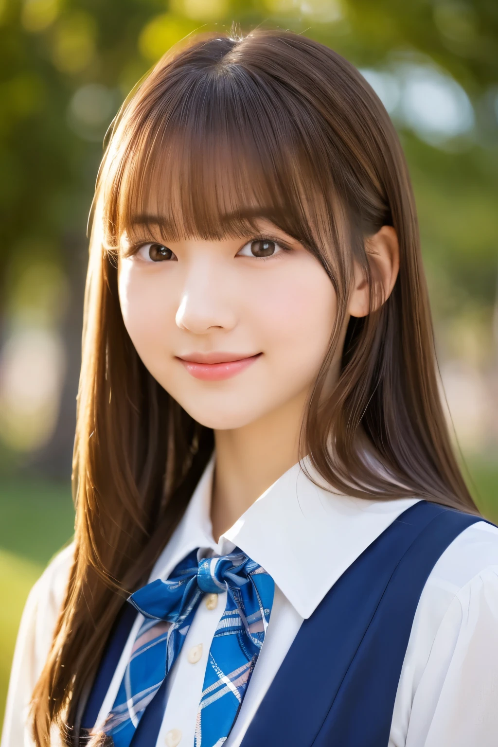 masterpiece, close up of face, front-facing view, a Japanese young pretty woman, 17 years old, (Bouncing cheerfully), Gorgeous figure, Wearing a short-sleeved white collared shirt and a shiny red satin plain bow tie, Wearing a blue tartan plaid skirt, absolutely pretty face, shiny lips, Double eyelids in both eyes, Natural makeup, long eyeslashes, shiny smooth light brown hair of medium length, asymmetrical bangs, Alone in the classroom, Headframe, image in center, 8K resolution, high detail, detailed hairstyle, A detailed face, spectacular movie lighting, Ultra-realistic, Perfect limbs, full body Esbian
