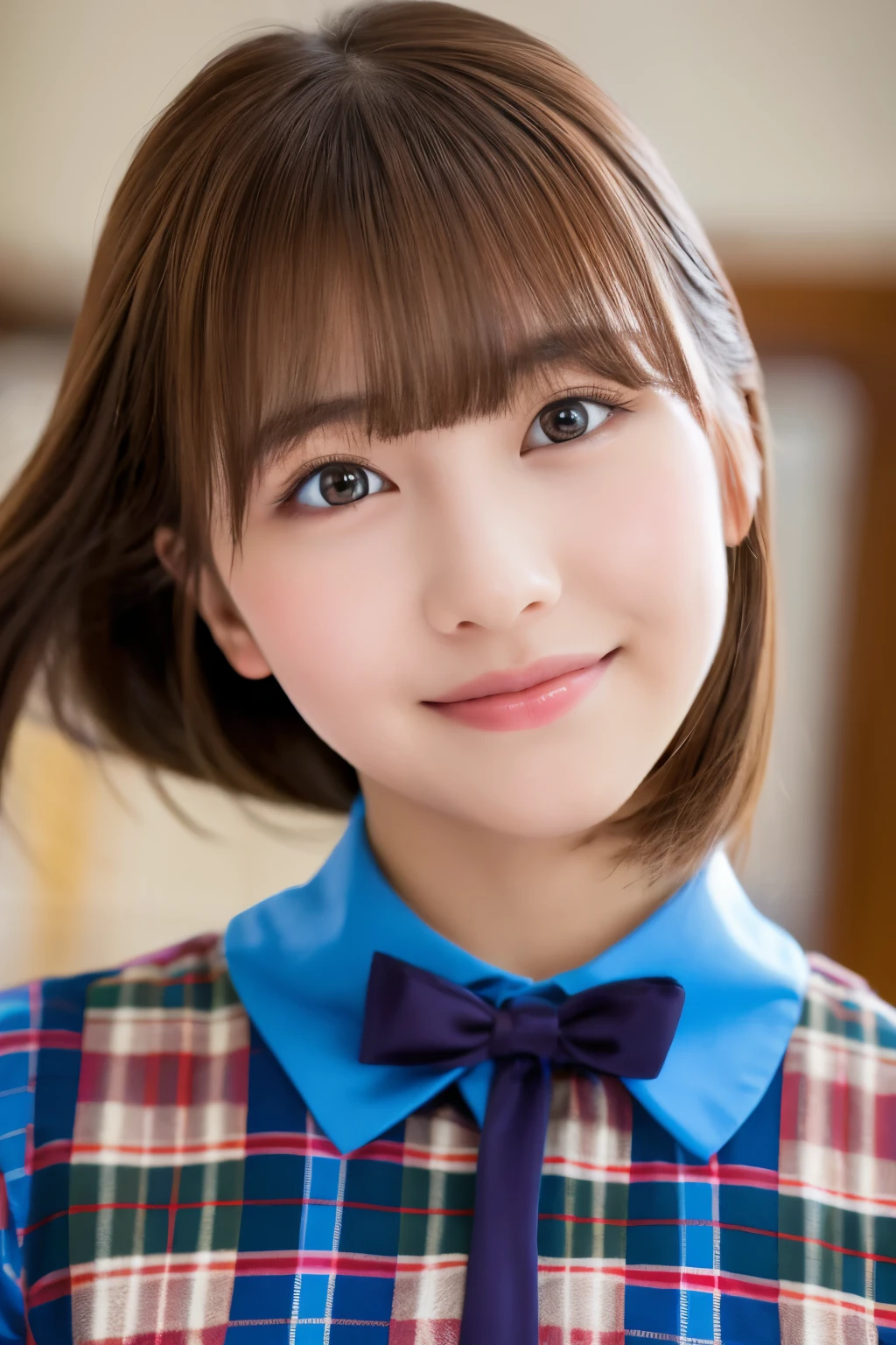 masterpiece, close up of face, front-facing view, a Japanese young pretty woman, 17 years old, (Bouncing cheerfully), Gorgeous figure, Wearing a short-sleeved white collared shirt and a shiny red satin plain bow tie, Wearing a blue tartan plaid skirt, absolutely pretty face, shiny lips, Double eyelids in both eyes, Natural makeup,  long eyeslashes, shiny smooth light brown hair of medium length, asymmetrical bangs, Alone in the classroom, Headframe, image in center, 8K resolution, high detail, detailed hairstyle, A detailed face, spectacular movie lighting, Ultra-realistic, Perfect limbs, full body Esbian