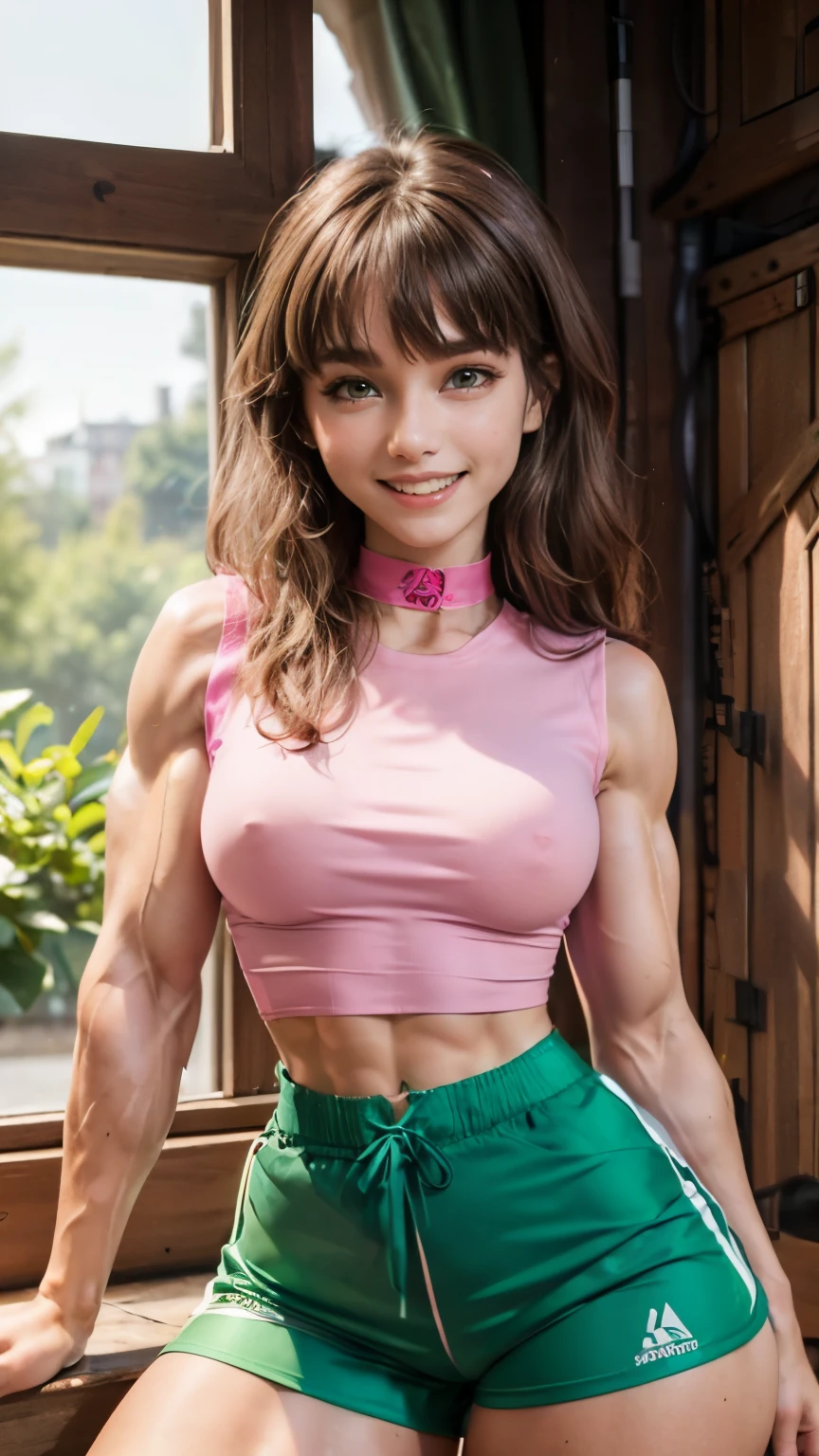 (Muscular:1.7), (thick thighs:1.7),
female, brown hair, blunt bangs, long brown hair, (big smile:1.6), hard nipples, beauty mark,
eyeshadow, lipstick, choker, (wearing large sleeveless oversized pink shirt worn over green gym shorts, midriff:1.5),
looking at viewer, (three quarter view),
dark bedroom, rim lighting, detailed skin, detailed eyes