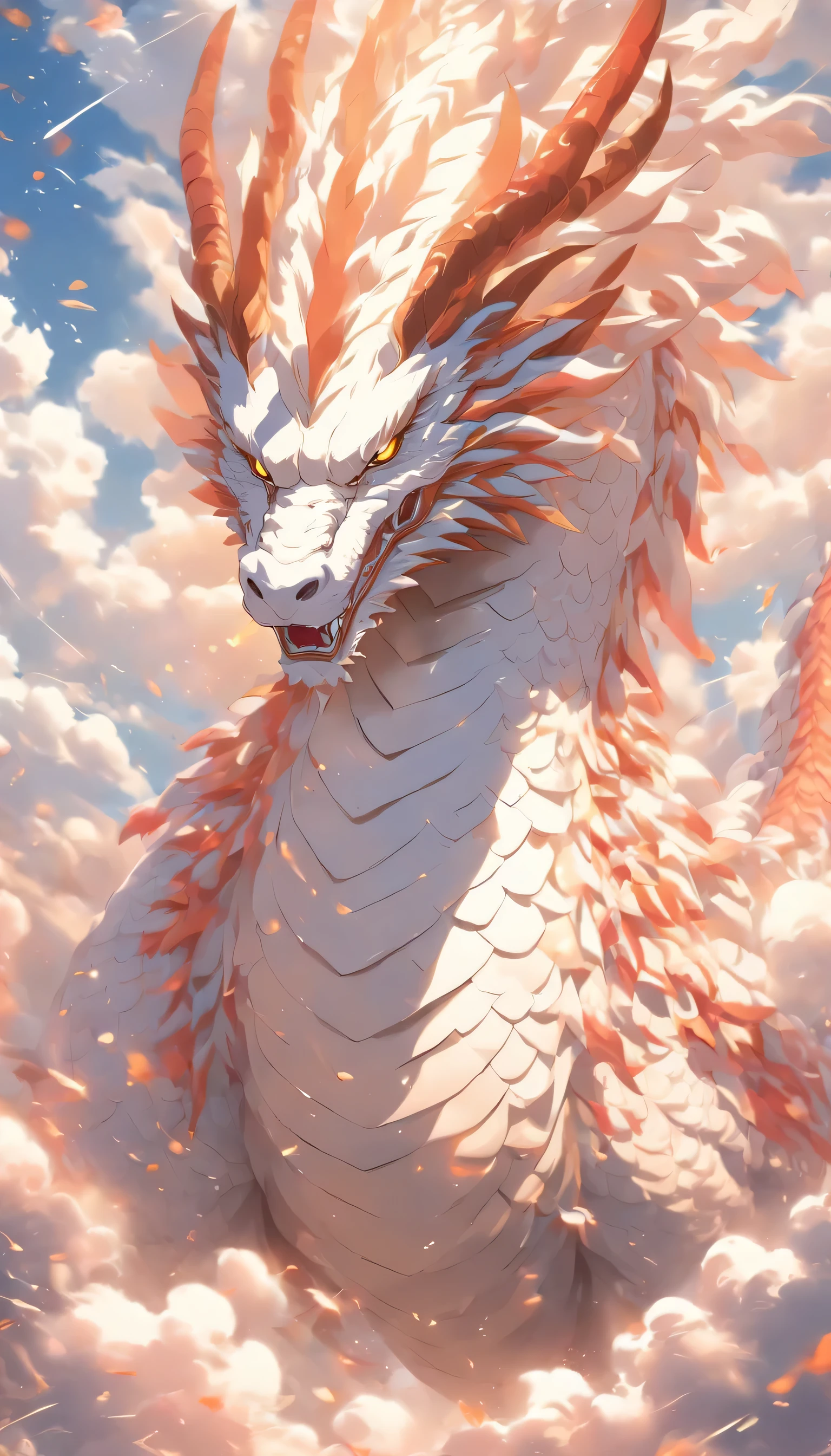 (masterpiece), (best quality), Cinema quality，Rendered by Octane，extreme detailed details，Cloud dragon composed of white clouds，Huge white dragon，Elongated dragon body，Rotating body，Dragon Tail，dragon horn，Dragon Claw，