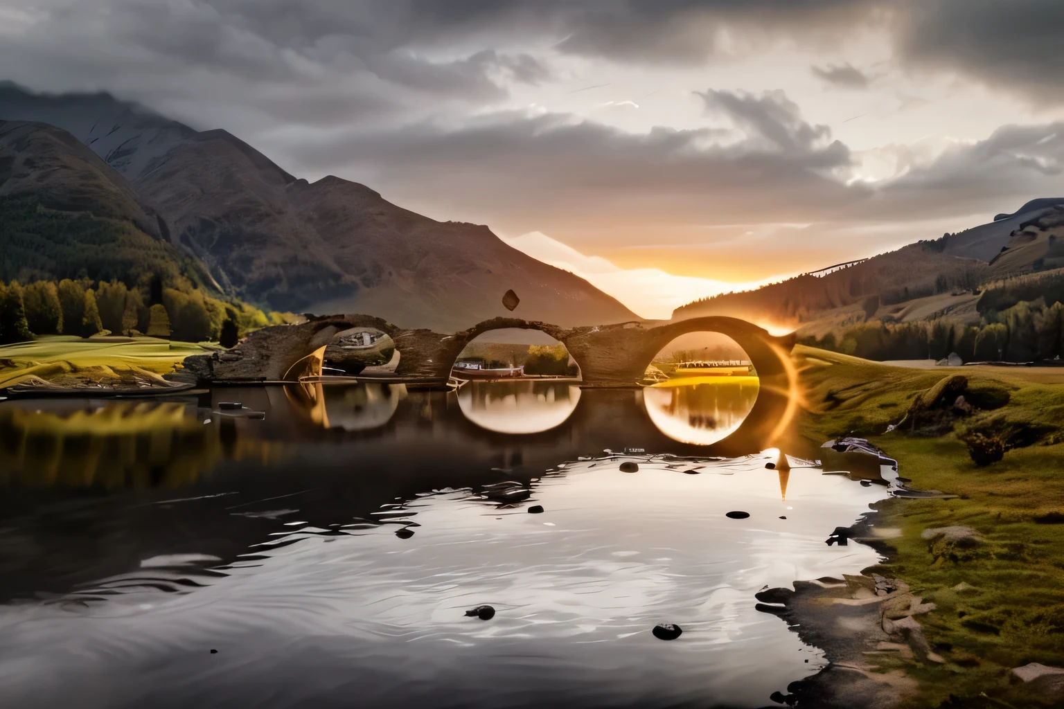 Landscape photography, evening, ancient (Three Hole Stone Bridge: 1.5), reflected on the water surface, with layers of mountains in the distance, splendid sunset, blues, Fuji medium frame camera, wide-angle lens, raw, 8k, super realistic, super detail, super picture quality, National Geographic magazine, award-winning work