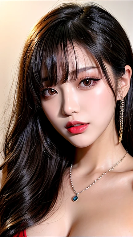 Canon RF 85mmf/1.2,masutepiece,Best Quality,超A high resolution,tu,1 girl,(Korean mixed,Kpop Idol:1.2),Solo,white_shiny_skin,Black eyes,Necklace,brown_long_Wavy_hair,Red lipstick bright_shiny_Lips,Eyelashes,Bangs,deal,make - up,shiny,Pore,skin texture,Bracelet,off shoulders,See-through,Big breasts