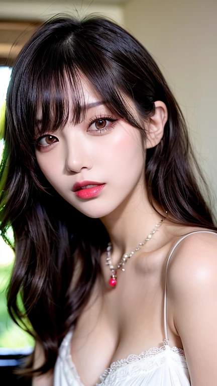 Canon RF 85mmf/1.2,masutepiece,Best Quality,超A high resolution,tu,1 girl,(Korean mixed,Kpop Idol:1.2),Solo,white_shiny_skin,Black eyes,Necklace,brown_long_Wavy_hair,Red lipstick bright_shiny_Lips,Eyelashes,Bangs,deal,make - up,shiny,Pore,skin texture,Bracelet,off shoulders,See-through,Big breasts
