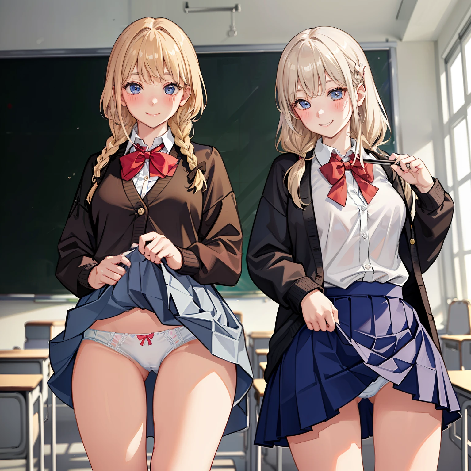 ((2 girls))、(smile:1.5)、Small breasts、（Cowboy Shot）、(fun!!)、(cardigan)、(Blonde)、(blush:1.4)、、(single braid)、(Eye highlights:1.3)、blake black shoes,(黒いskirt)、bow, button, shirt with collar, Long sleeve,  ((red bow tie, , Black jacket, Open jacket, 茶色のcardigan, white shirt, 黒のskirt, チェック柄のskirt、white socks)),, shirt,, skirt, socks, Thighs, white shirt, Rest indoors, ((classroom:1.5))、 BREAK while watching the audience、(skirtを掴む:1.0)、 (Perfect hands, Perfect Anatomy),Cowboy Shot、(skirt lift:1.3),(Highly detailed panties:1.3)、(Highly detailed white panties:1.3)、、(skirt that rolls up:1.3)、(Full-fledged panties:1.5)、Light blue eyes、