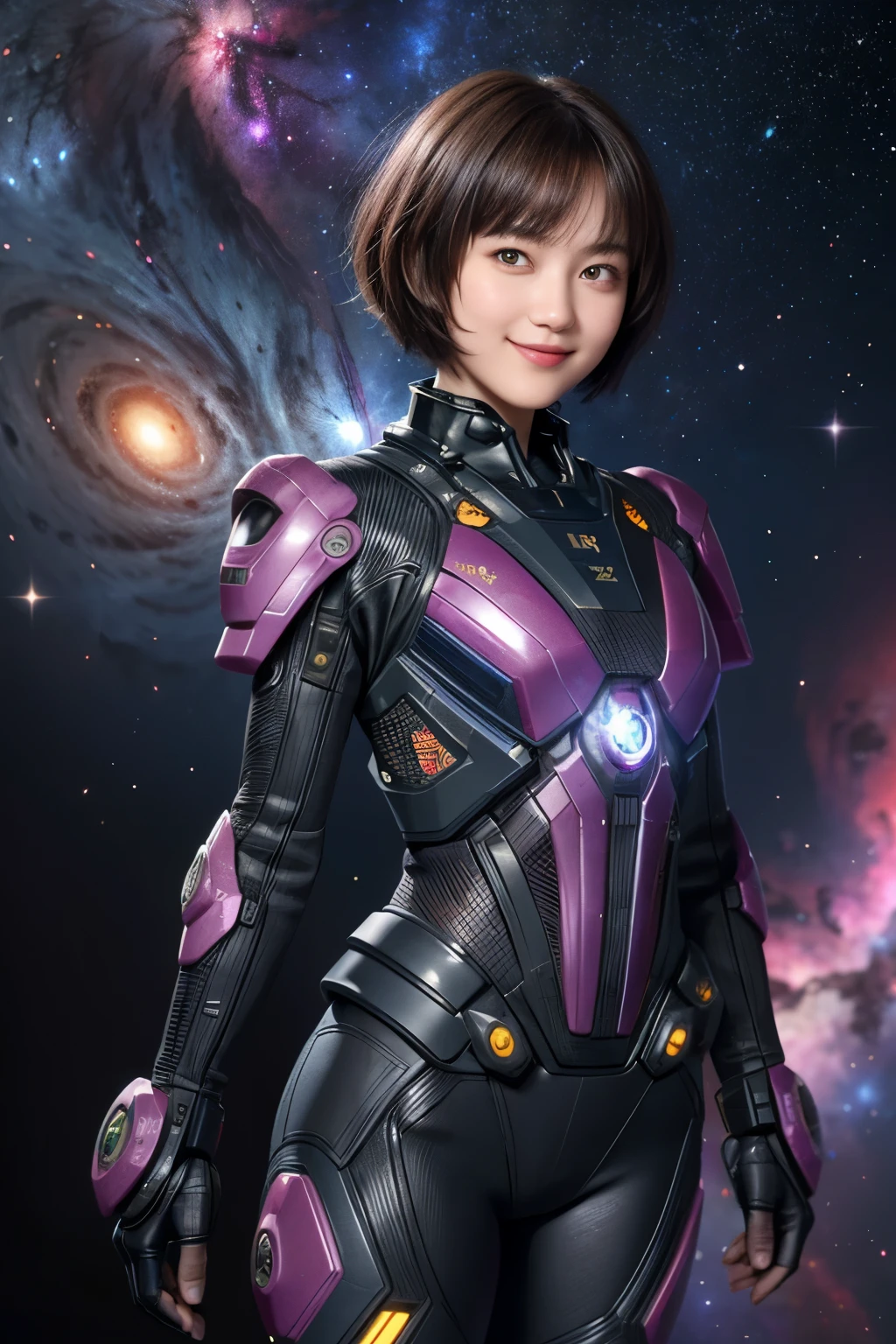 210 Short Hair, 20-year-old woman, Floral, A kind smile, Futuristic clothing, machinery suit, (The background is a galaxy and nebula), (Big goggles)