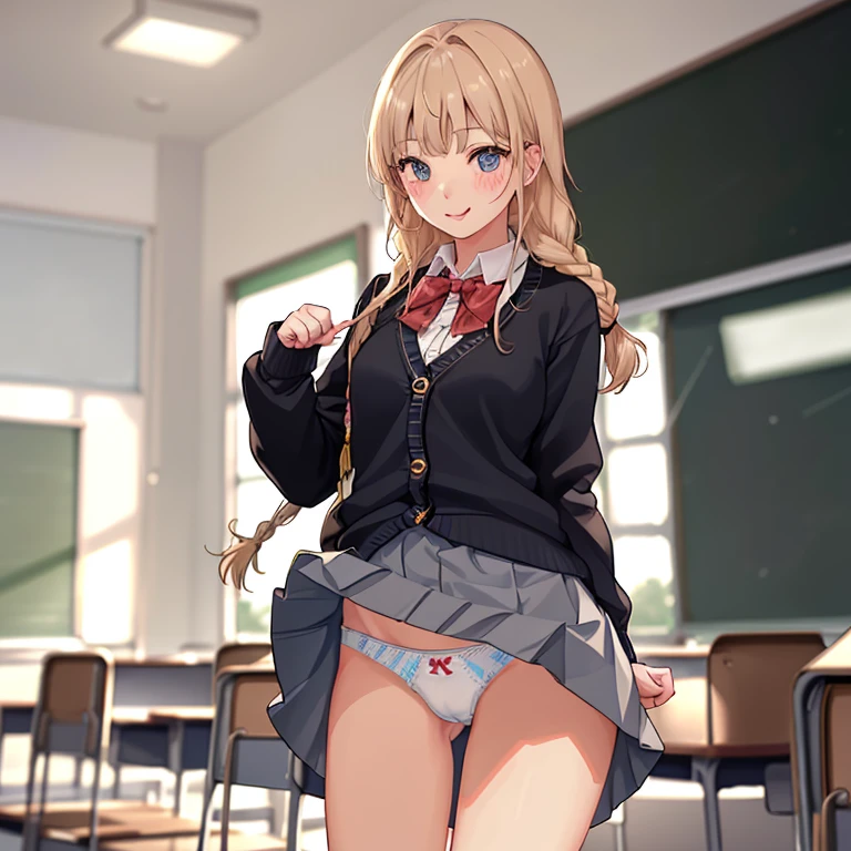 ((2 girls))、(smile:1.5)、Small breasts、（Cowboy Shot）、(fun!!)、(cardigan)、(Blonde)、(blush:1.4)、、(single braid)、(Eye highlights:1.3)、blake black shoes,(黒いskirt)、bow, button, shirt with collar, Long sleeve,  ((red bow tie, , Black jacket, Open jacket, 茶色のcardigan, white shirt, 黒のskirt, チェック柄のskirt、white socks)),, shirt,, skirt, socks, Thighs, white shirt, Rest indoors, ((classroom:1.5))、 BREAK while watching the audience、(skirtを掴む:1.0)、 (Perfect hands, Perfect Anatomy),Cowboy Shot、(skirt lift:1.3),(Highly detailed panties:1.3)、(Highly detailed white panties:1.3)、、(skirt that rolls up:1.3)、(Full-fledged panties:1.5)、Light blue eyes、