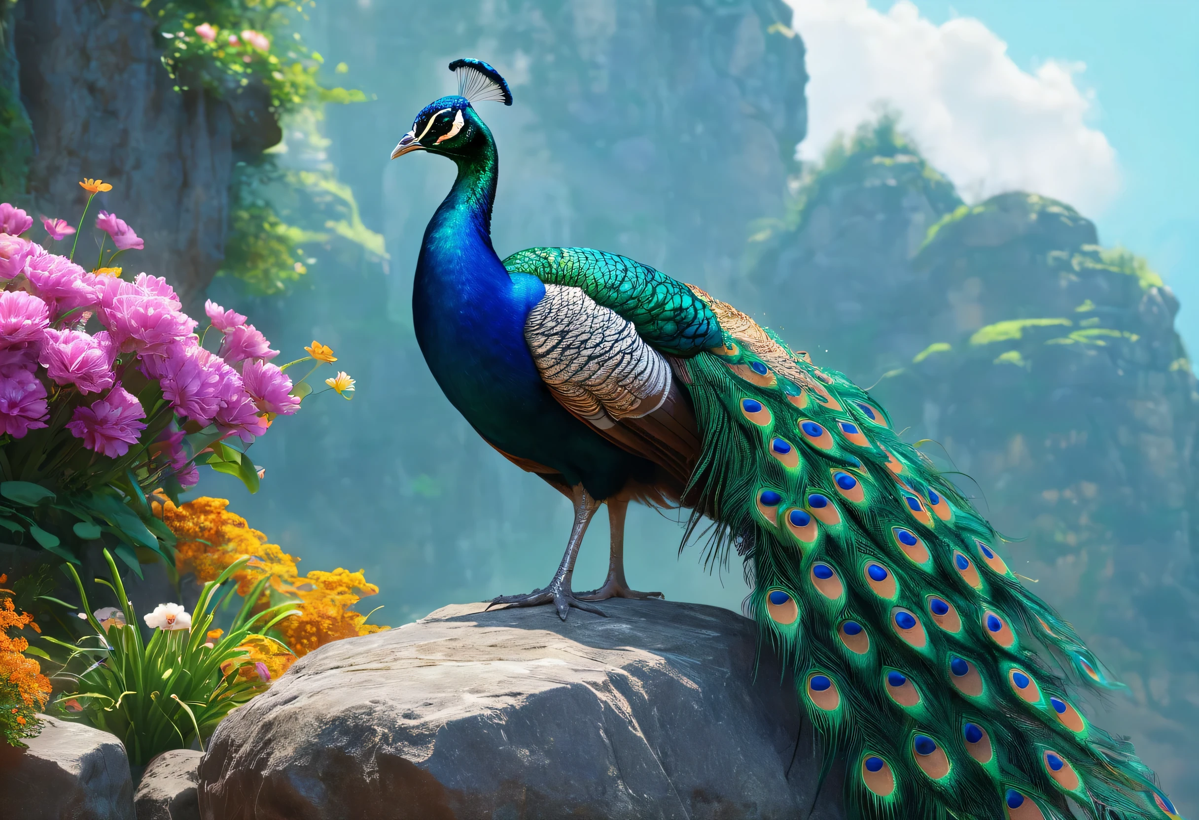 A peacock standing on a rock with flowers in the background, Digital art by Alexander Kucharski, Trending on ArtStation, Fantasy art, Beautiful digital art, 4k Highly detailed digital art, 8k high quality detailed art, Highly detailed digital art, Beautiful art UHD 4K, Highly detailed digital painting, Highly detailed digital artwork