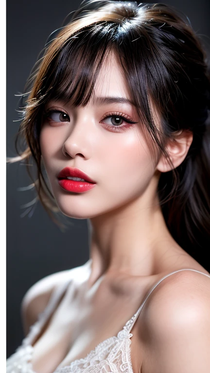 (8ก, Highest quality: 1.2), Extremely detailed, thorough resolution, (realistic, realistic photo: 1.37), Portrait, high definition RAW color photograph, professionally arrested, high definition and beautiful, high definition, 8ก Image wallpaper, Amazing details, Big file size, highly detailed beautiful girl, Extremely detailed face, Finely defined eyes, The skin has a fine texture., Every feature is meticulously displayed., The fingers were neatly outlined., The nose has a precise shape., expressive lips red lipstick , perfect anatomy, background is not blurred, one story, (20:1.2), Twenty generations, cute girl, realistic