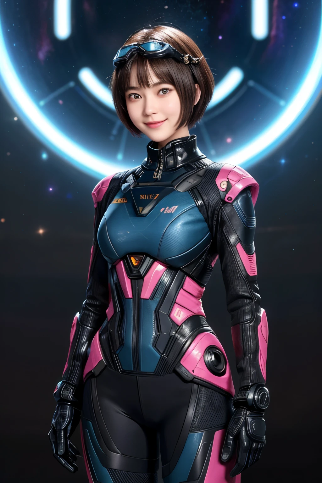 210 Short Hair, 20-year-old woman, Floral, A kind smile, Futuristic clothing, machinery suit, (The background is a galaxy and nebula), (Big goggles)