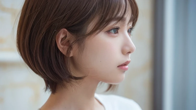 (Short Hair, profile:1.2),(Wearing a blouse:1.2),1 girl,Japanese,21 years old,(Small breasts:1.3),(highest quality,masterpiece:1.3,超A high resolution,),(Ultra-detailed,Caustics),(Photorealistic:1.4,RAW shooting,)Ultra-Realistic Capture,Very detailed,High resolution 16K human skin close-up。 Natural skin texture、,Pores、、It needs to be detailed enough to be easily identifiable。 Skin should be even-toned and healthy looking。 Use natural light and colour, Sad expression, Looking at the camera, Perfect dynamic composition, Outdoor