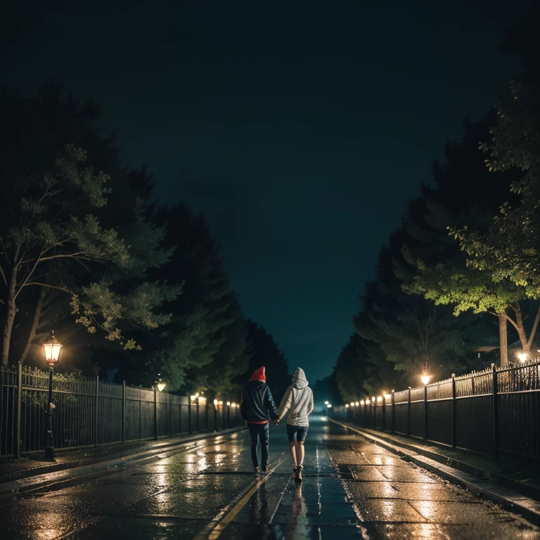 Make a mobile wallpaper on a dark themed rainy night . Romantic. Sad. Where a boy and a girl are waking on a straight path hand in hand and on the sides there are some lamp posts emitting lowest level of lights and a bench on the left side of the path with so dark and full lights and the boy and girl are wearing blue and red hoodies . But the hood is down. It's some rainy. And the surrounding is like a forest with a fence on both sides. The fences are old and broken at some places and no city . It's like a forest surround and no face is visible