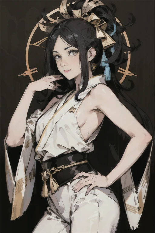 (High resolution), (Ultra delicate), (clear), Realistic,((A girl with black hair and gold inner color)),face,Skin realism、A fusion of Japanese style and the near future、white hot pants、Face Up
