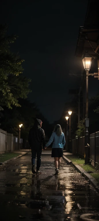 Make a mobile wallpaper on a dark themed rainy night . Romantic. Sad. Where a boy and a girl are waking on a straight path hand in hand and on the sides there are some lamp posts emitting lowest level of lights and a bench on the left side of the path with so dark and full lights and the boy and girl are wearing blue and red hoodies . But the hood is down. It's some rainy. And the surrounding is like a forest with a fence on both sides. The fences are old and broken at some places and no city . It's like a forest surround and no face is visible