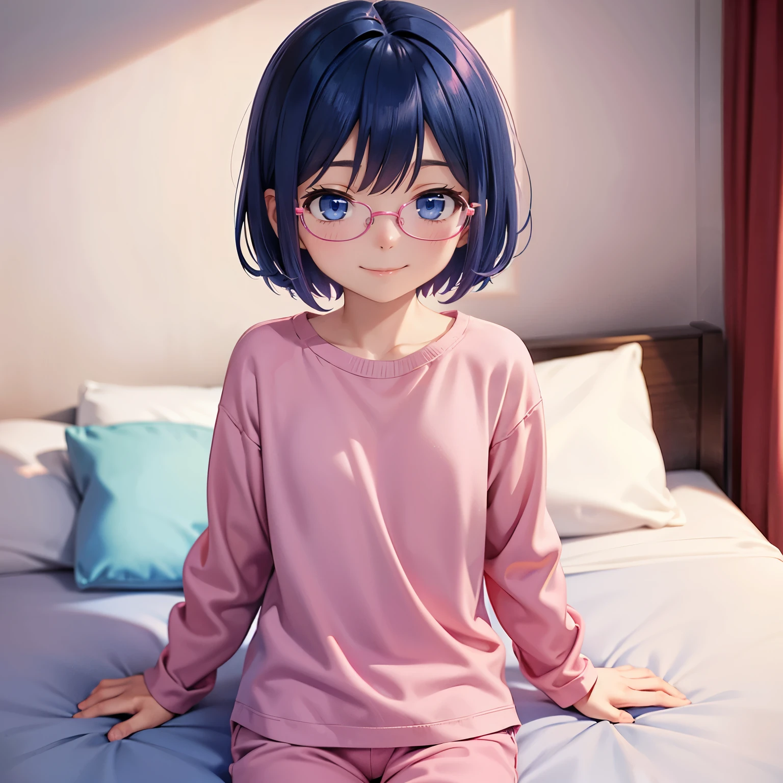 Dark blue hair, short hair, dark blue eyes, pink pajamas, red glasses, small, short, little, young, flat, bedroom, emotionless, expressionless, , kuudere, pink pants, pink shirt, smile, calm
