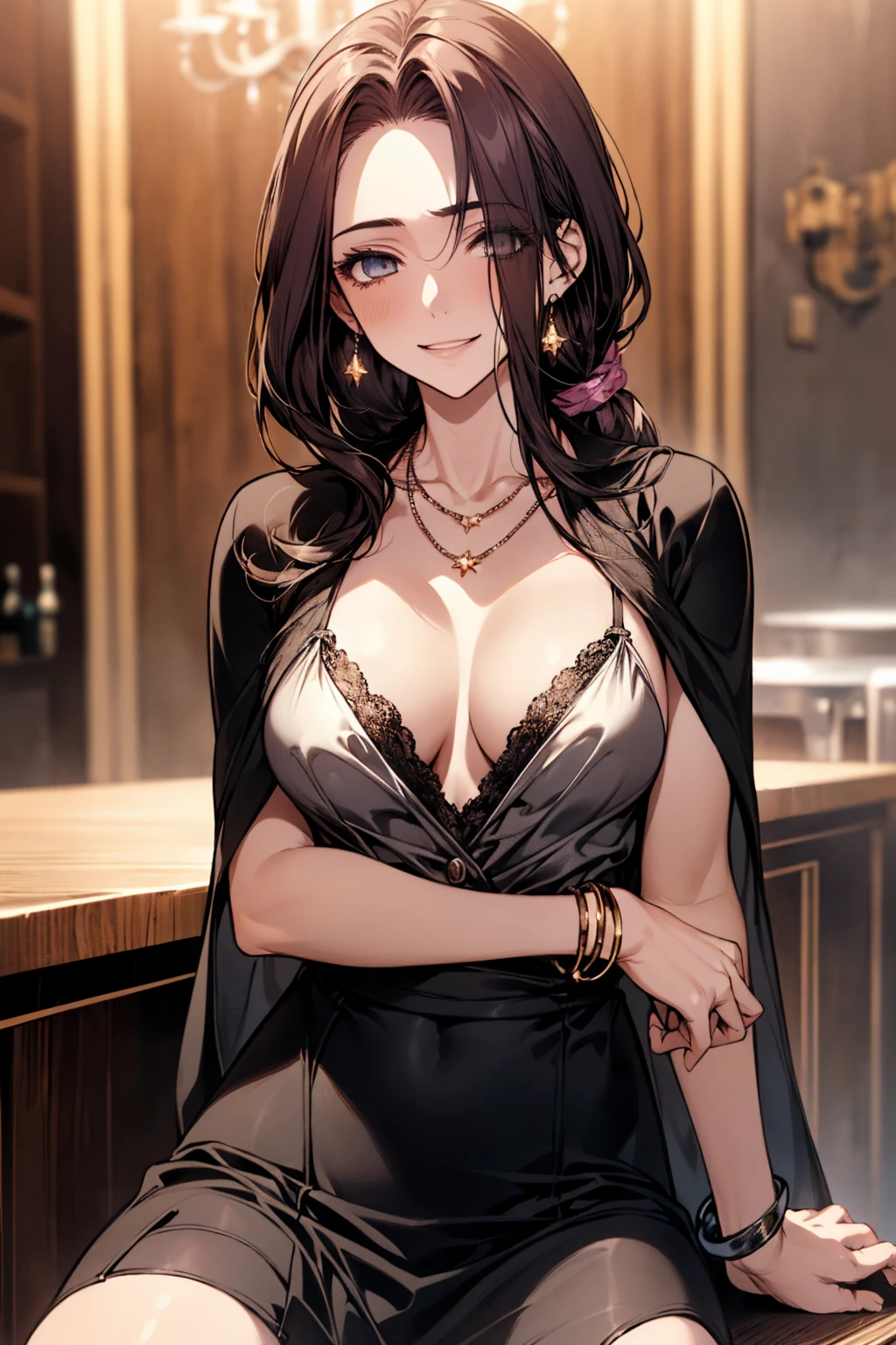 (masterpiece, highest quality:1.2), (High resolution, 8k RAW photo, Photorealistic, Clear focus, Weak outline:1.3), (Cinema Lighting, grumpy, Fabric Shading), throw, (alone:1.5), 1 mature woman, , (Little Girl:W:1.5, Running Chest:1.3, Saggy breasts, big , Cleavage, Sexually harass, In the heat, present)), ((Bright beautiful eyes:1.3)), (Sitting on a chair at the bar counter, Lie face down with your arms on the counter, Looking at the audience, cocktail glass), Raised to be sexy, (a little happy smile:1.3, Embarrassed), Black Hair, Ponytail Hair, Hair on one eye, Asymmetrical Hair, Half Up Hair, blue eyes, Wearing a sexy light purple dress, Long skirt with side slits, A white see-through shawl is wrapped around her shoulders., (Luxurious accessories, necklace, Earrings, bracelet), Bokeh, Dynamic Angle, Tilt to the side:1.2, close up face:1.5, whole body, From below:1.2, (Correct Anatomy:1.6, Ideal body proportions, The right move:1.5, small hands), Overnight, Dark Room,