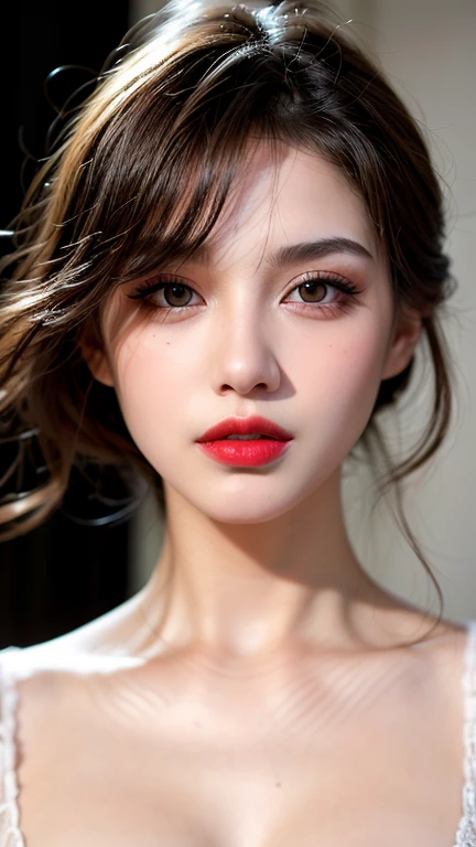 (8ก, Highest quality: 1.2), Extremely detailed, thorough resolution, (realistic, realistic photo: 1.37), Portrait, high definition RAW color photograph, professionally arrested, high definition and beautiful, high definition, 8ก Image wallpaper, Amazing details, Big file size, highly detailed beautiful girl, Extremely detailed face, Finely defined eyes, The skin has a fine texture., Every feature is meticulously displayed., The fingers were neatly outlined., The nose has a precise shape., expressive lips red lipstick , perfect anatomy, background is not blurred, one story, (20:1.2), Twenty generations, cute girl, realistic