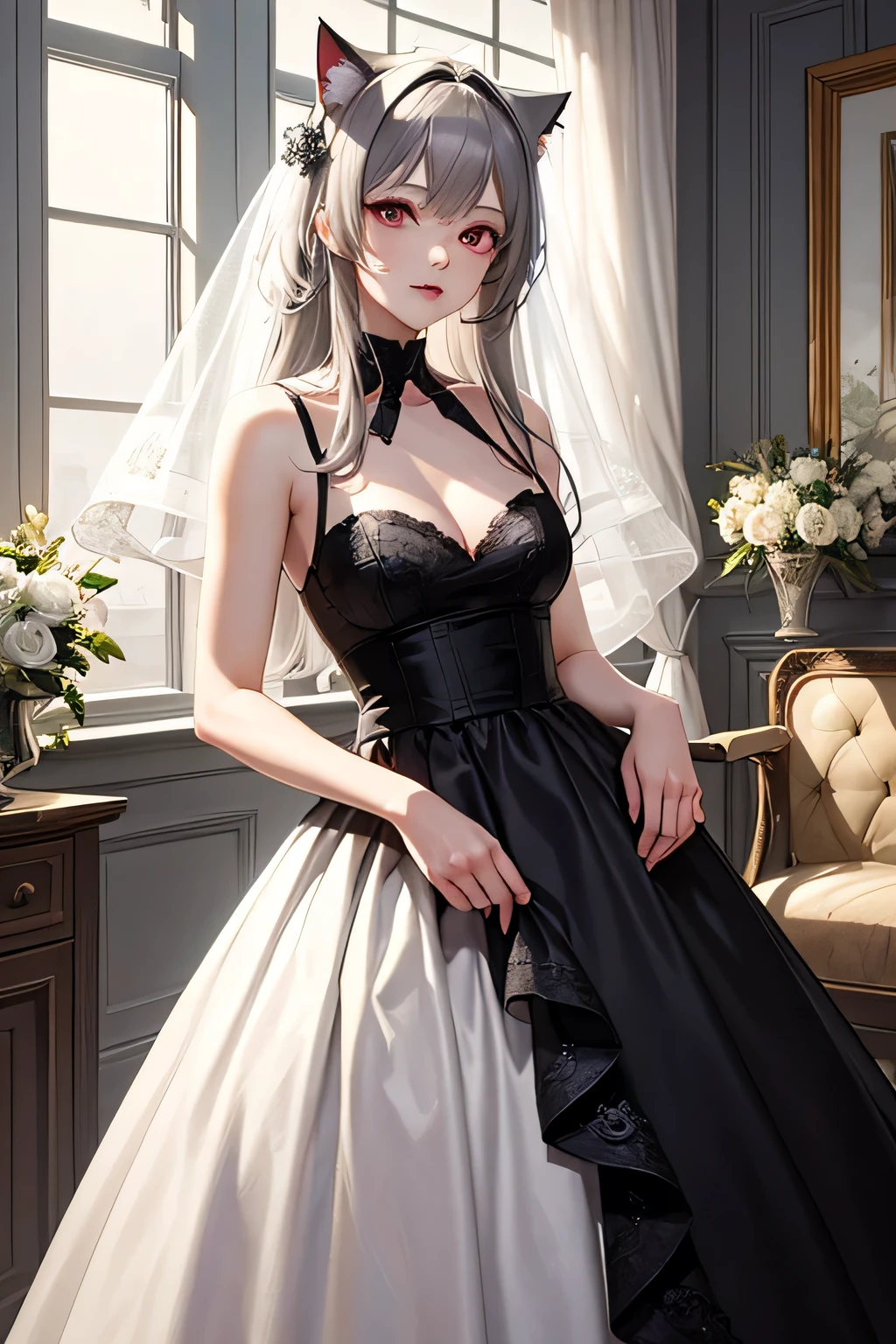 (masterpiece, highest quality, highest quality, Official Art, beautifully、aesthetic:1.2),
highest quality,Gray Hair,Long Straight,Cat ear,vampire,Wedding dress,18-year-old,Red eyes
