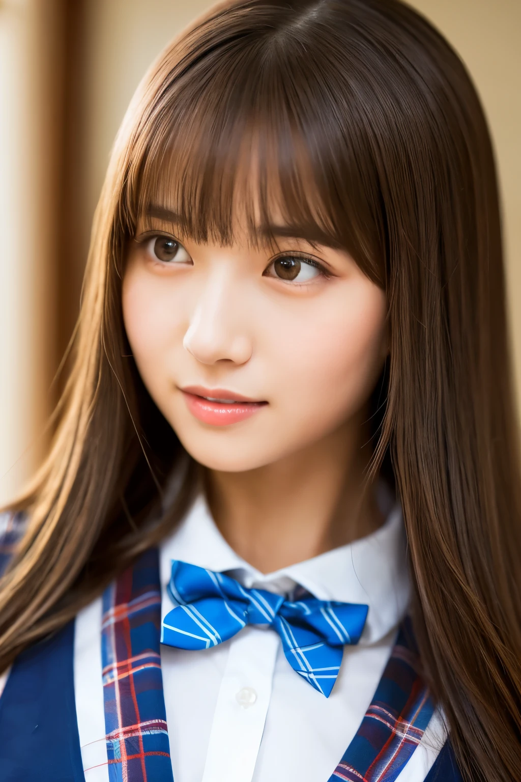 masterpiece, close up of face, front-facing view, a Japanese young pretty woman, , (Bouncing cheerfully), Gorgeous figure, Wearing a short-sleeved white collared shirt and a shiny red satin plain bow tie, Wearing a blue tartan plaid skirt, absolutely pretty face, shiny lips, Double eyelids in both eyes, Natural makeup,  long eyeslashes, shiny smooth light brown hair of medium length, asymmetrical bangs, Alone in the classroom, Headframe, image in center, 8K resolution, high detail, detailed hairstyle, A detailed face, spectacular movie lighting, Ultra-realistic, Perfect limbs, full body Esbian