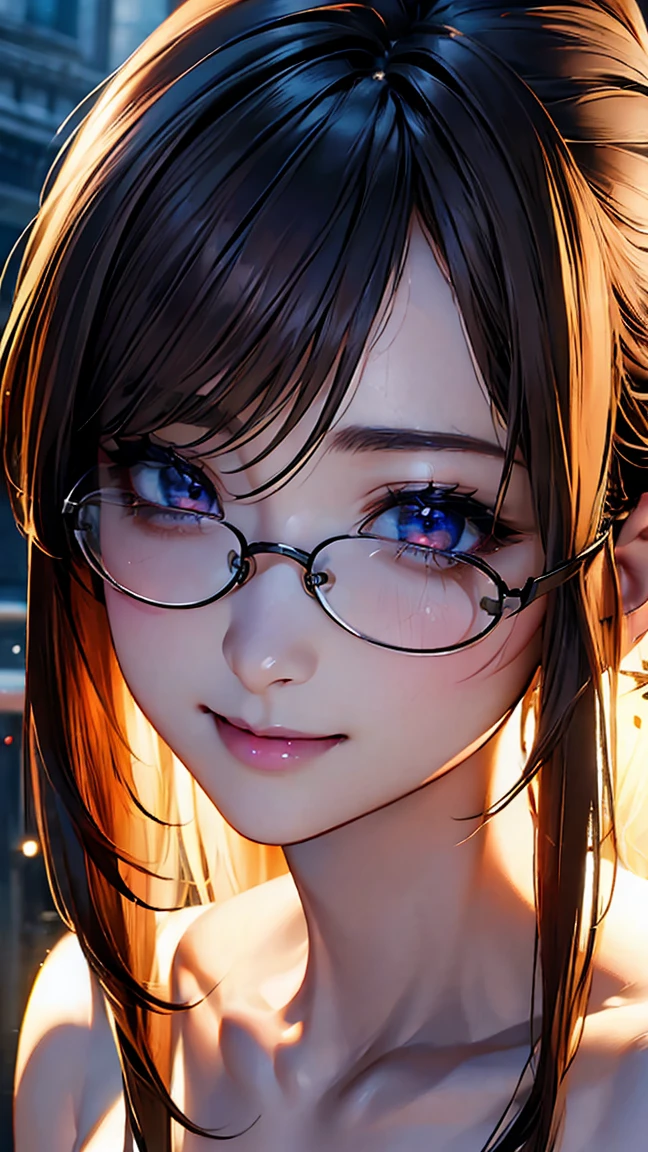 (NSFW:1.2), (8K, RAW photo, best image quality, masterpiece: 1.4), (Highly detailed CG Unity 8K wallpaper, highest quality, High resolution: 1.2), (ultra_be familiar with, UHD: 1.2), super highly be familiar with, (realistic, realistic: 1.48), 1 girl, focus only, light brown hair, long hair, side lock, bangs, ((dark purple eyes:1.4, round eyes, beautiful eyelashes)), clear eyes, Glasses, Big breasts, very big breasts, shiny hair, beautiful be familiar with cold face, enchanting smile, Beautiful and delicate eyes with intricate details, very accurate details, skin dents, outdoor, grassland, perfect face, be familiar with顔, perfect body, beautiful eyes, beautiful face,(face focus),(Portrait:1.5),beautiful clavicle,naked,upper body:1.5
