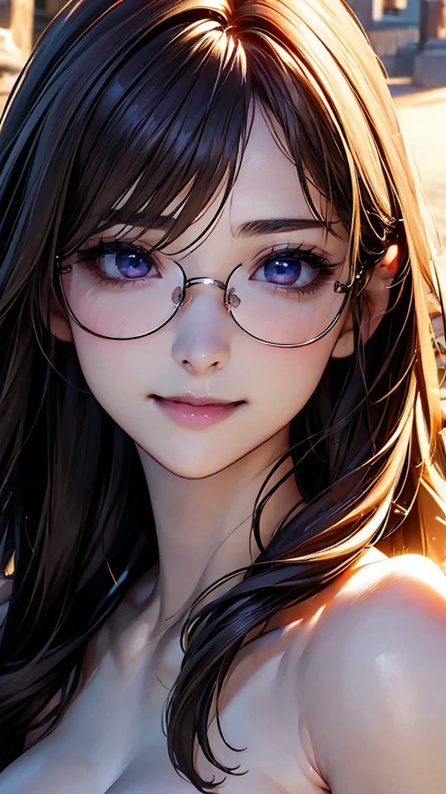 (NSFW:1.2), (8K, RAW photo, best image quality, masterpiece: 1.4), (Highly detailed CG Unity 8K wallpaper, highest quality, High resolution: 1.2), (ultra_be familiar with, UHD: 1.2), super highly be familiar with, (realistic, realistic: 1.48), 1 girl, focus only, light brown hair, long hair, side lock, bangs, ((dark purple eyes:1.4, round eyes, beautiful eyelashes)), clear eyes, Glasses, Big breasts, very big breasts, shiny hair,  beautiful be familiar with cold face, enchanting smile, Beautiful and delicate eyes with intricate details, very accurate details,  skin dents, outdoor, grassland, perfect face, be familiar with顔, perfect body, beautiful eyes, beautiful face,(face focus),(Portrait:1.5),beautiful clavicle,naked,upper body:1.5
