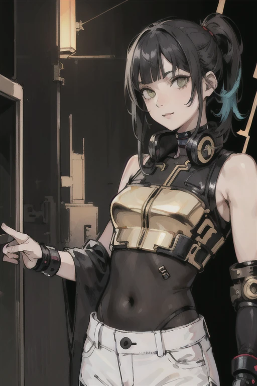 (High resolution), (Ultra delicate), (clear), Realistic,((A girl with black hair and gold inner color)).((cyber punk)),face,Skin realism、A fusion of Japanese style and the near future、white hot pants、Himiko Toga