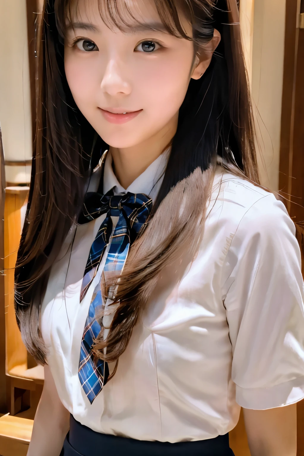 masterpiece, close up of face, front-facing view, a Japanese young pretty woman, 17 years old, (Bouncing cheerfully), Gorgeous figure, Wearing a short-sleeved white collared shirt and a shiny red satin plain bow tie, Wearing a blue tartan plaid skirt, absolutely pretty face, shiny lips, Double eyelids in both eyes, Natural makeup,  long eyeslashes, shiny smooth light brown hair of medium length, asymmetrical bangs, Alone in the classroom, Headframe, image in center, 8K resolution, high detail, detailed hairstyle, A detailed face, spectacular movie lighting, Ultra-realistic, Perfect limbs, full body Esbian